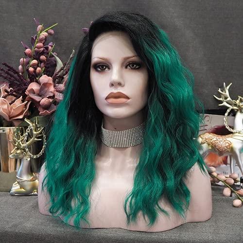PAYNAN Green Wig Black Root Synthetic Lace Front Wig Wave Wigs Heat Resistant Fiber Cosplay Wig