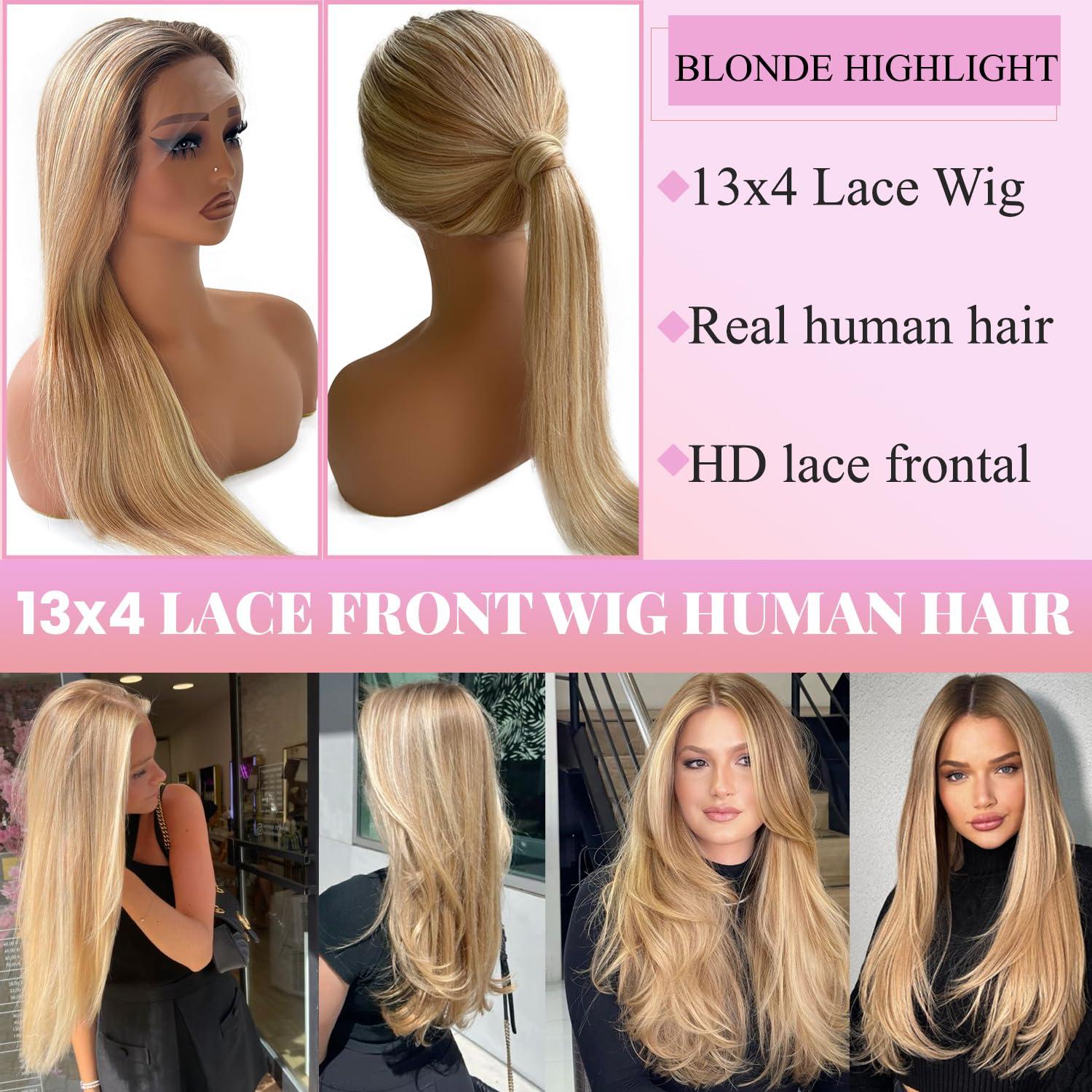Valiilo Valiilo Blonde Balayage Wig Human Hair 13x4 Lace Front Wig Brown Roots Free Part 24 Inch Golden Brown Mixed 613 Blonde Highlights Human Hair Wig