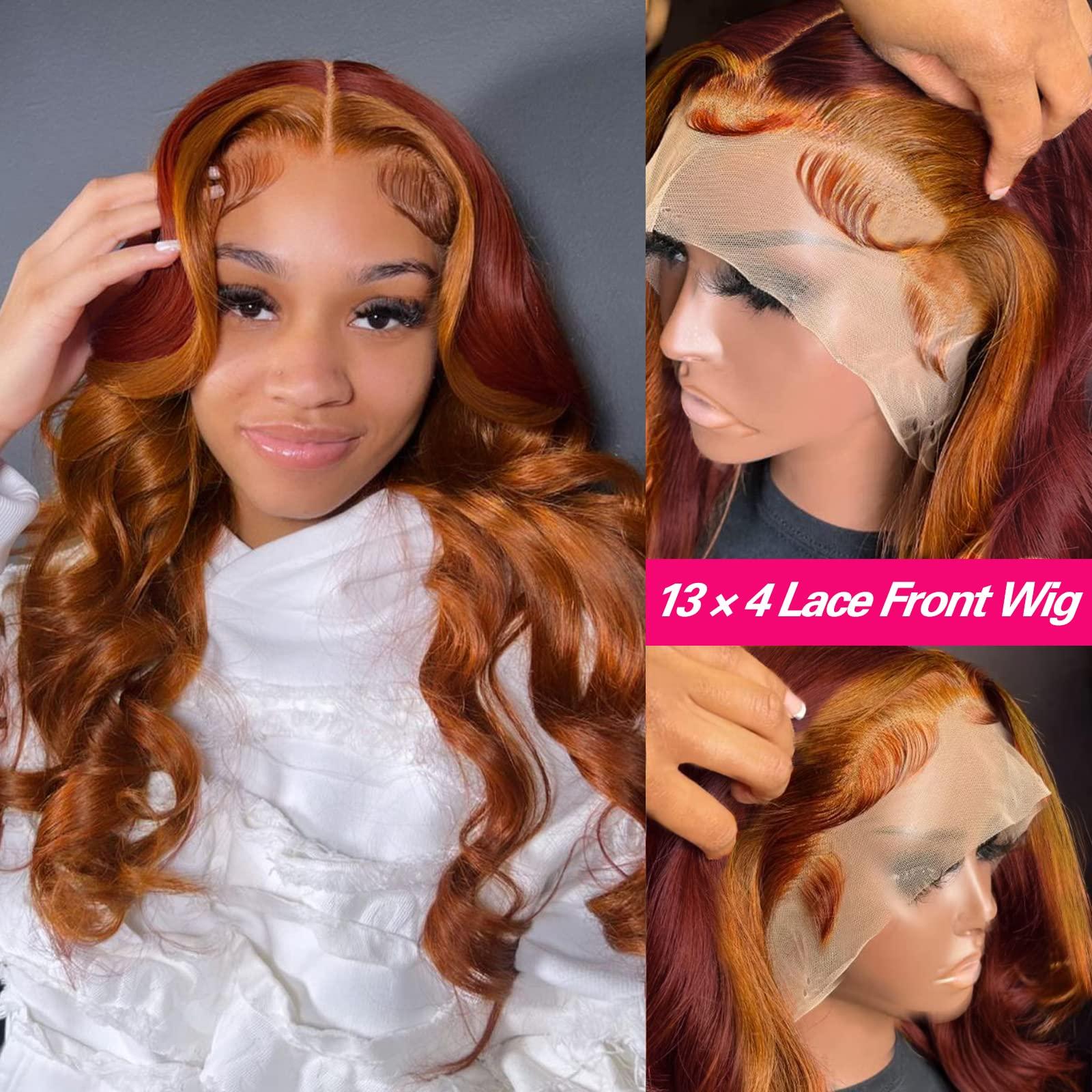 haha haha Orange Red Ombre Wig Human Hair Ginger Highlight Ombre Lace Front Wigs Body Wave Lace Frontal Wig 13x4 Burgundy Ginger Skunk Stripe Lace Front Wig Pre Plucked 150% Density 24 Inch