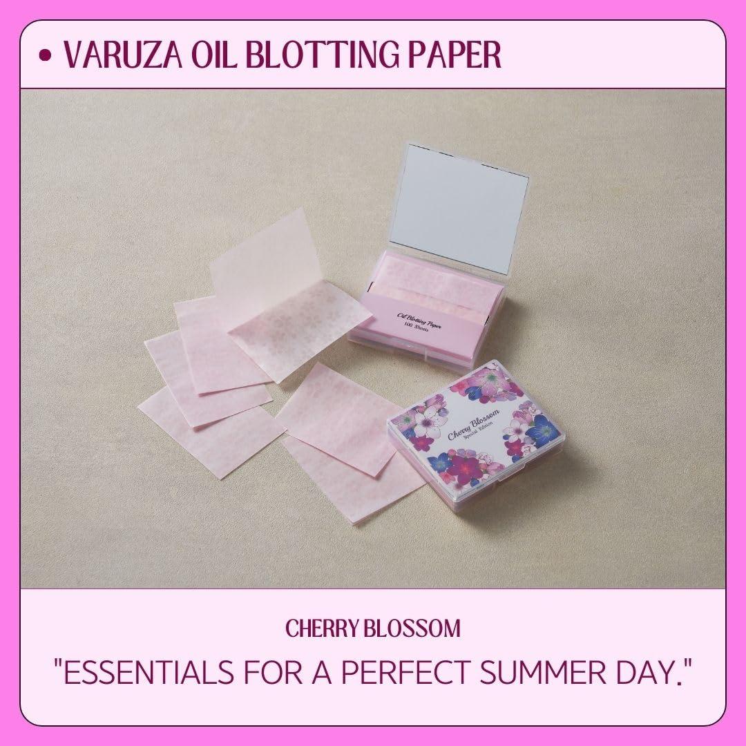 varuza [100 Counts + Mirror Case] Cherry Blossom Natural Oil Blotting Paper for Face Korean with Mirror Case