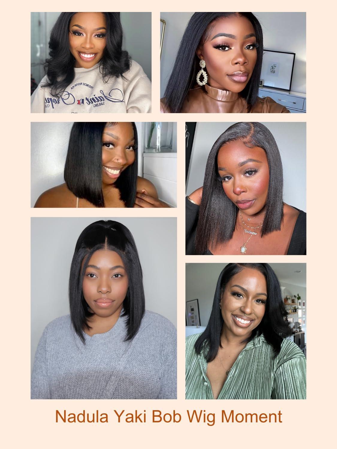 Nadula Nadula Bye Bye Knots Glueless Yaki Straight Bob 7x5 Lace Front Wigs Human Hair Pre Plucked Invisible Knots Pre Everything 3S Ready to Wear Short Yaki Bob Wigs Pre Cut 150% Density 12inch