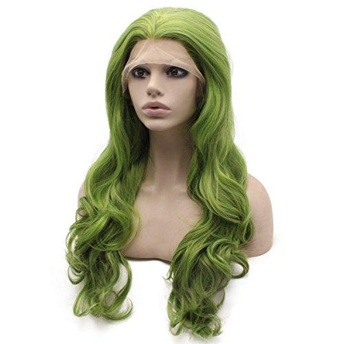 MX angel MX angel Long Wavy Hand Tied Swiss Lace Front Green Wig Synthetic