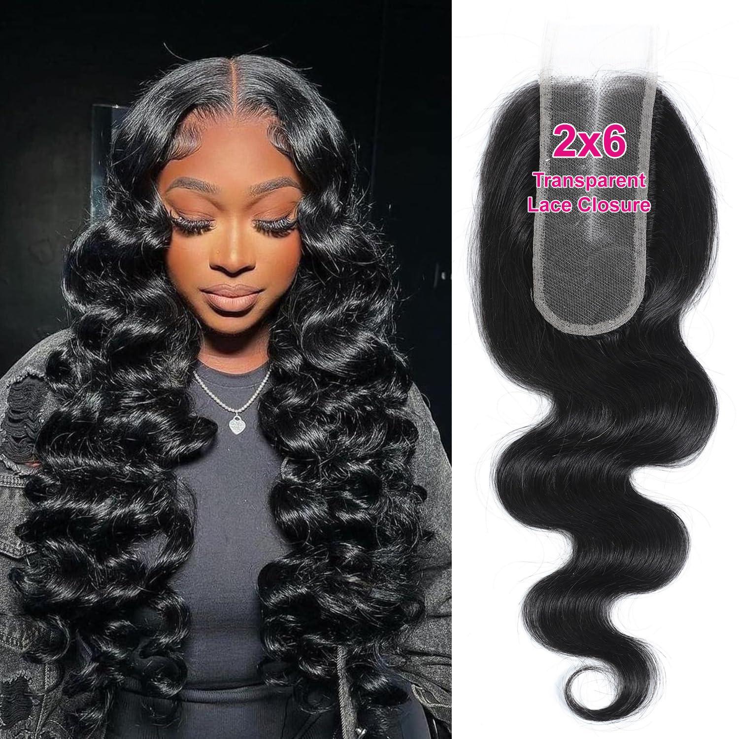 MOMOSHERO MOMOSHERO 2x6 HD Lace Closure Only 20 Inch Body Wave Human Hair, Pre Plucked Closure Sew In 2 by 6 Lace Closure Middle Part 100% Brazilian Virgin Human Hair Unprocessed 2x6 Kim K Closure Natural Black