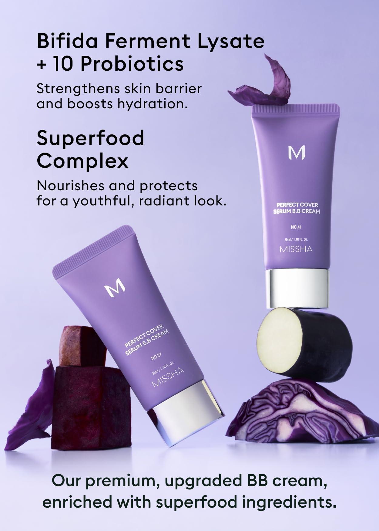 MISSHA MISSHA M PERFECT COVER SERUM BB CREAM No.23 Natural Beige, Skin Care Foundation Makeup, Tinted Moisturizer, Superfood Complex, Buildable Coverage, Glass Skin, Paraben Free, 1.18 Fl oz