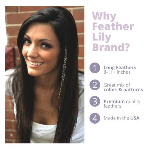 Feather Lily Hair Feathers and Tool Kit, Pink, Purple, Blue and Black & White Striped Feather Extensions with Beads, loop tool and pliers