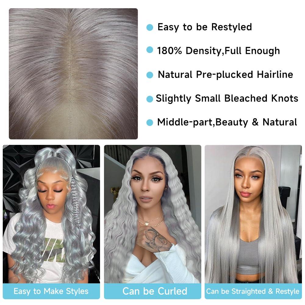 Manyisi Grey Lace Front Body Wave Wig - Human Hair 13x4 28 inch Pre-Plucked w/ Baby Hair 180% Density