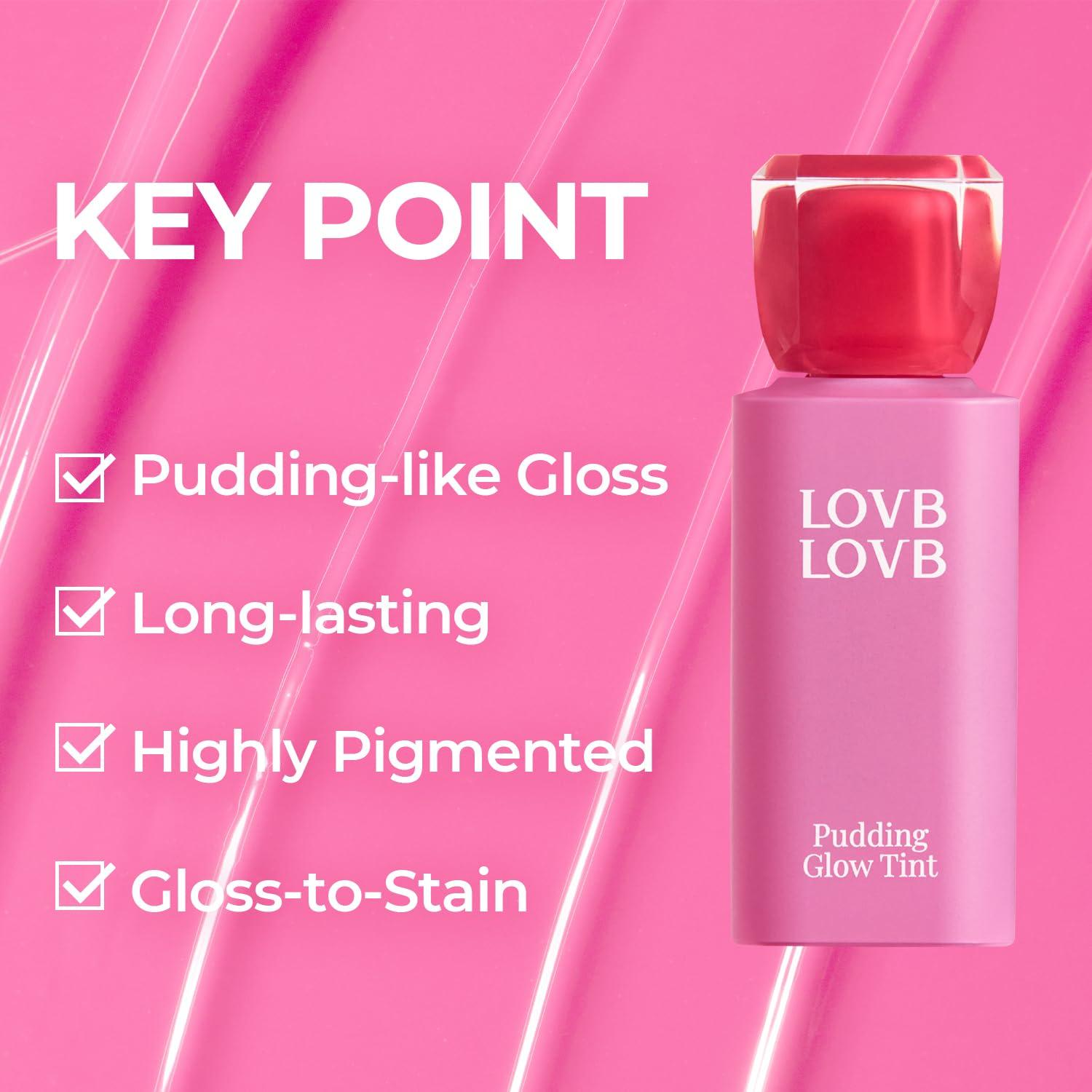 LOVB LOVB LOVB LOVB Pudding Glow Korean Lip Tint | Long-Lasting Lip Gloss Tint for Glowy | Moisturizing | High Pigmented | Non-Sticky Glossy Lip Stain 0.14 Oz (01 RED BERRY)