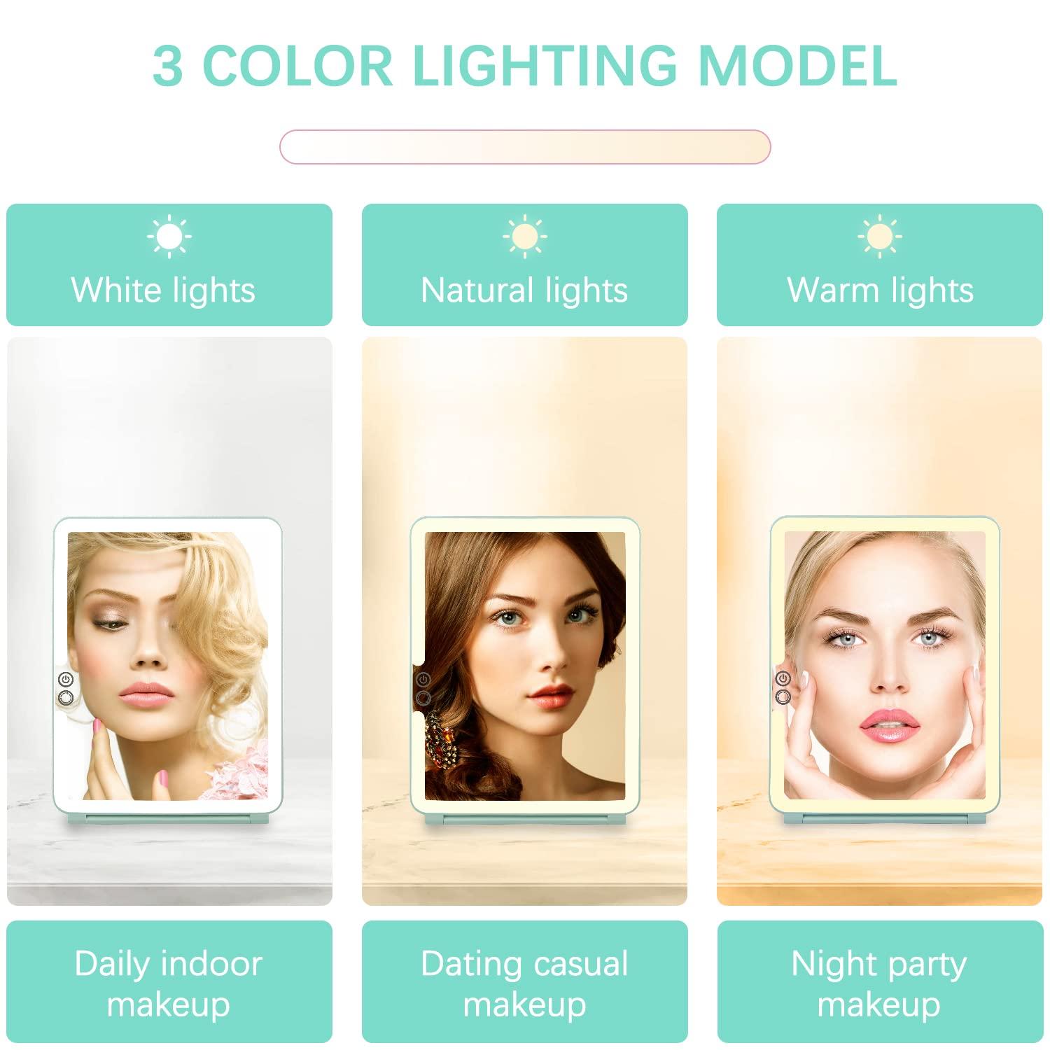 KDKD KDKD Folding Travel Mirror Lighted Makeup Mirror with 72 LEDs 3 Colors Light Modes USB Rechargable 2000mA Batteries Ultra Thin Compact Vanity Mirror with Touch Screen Dimming for Cosmetic Green