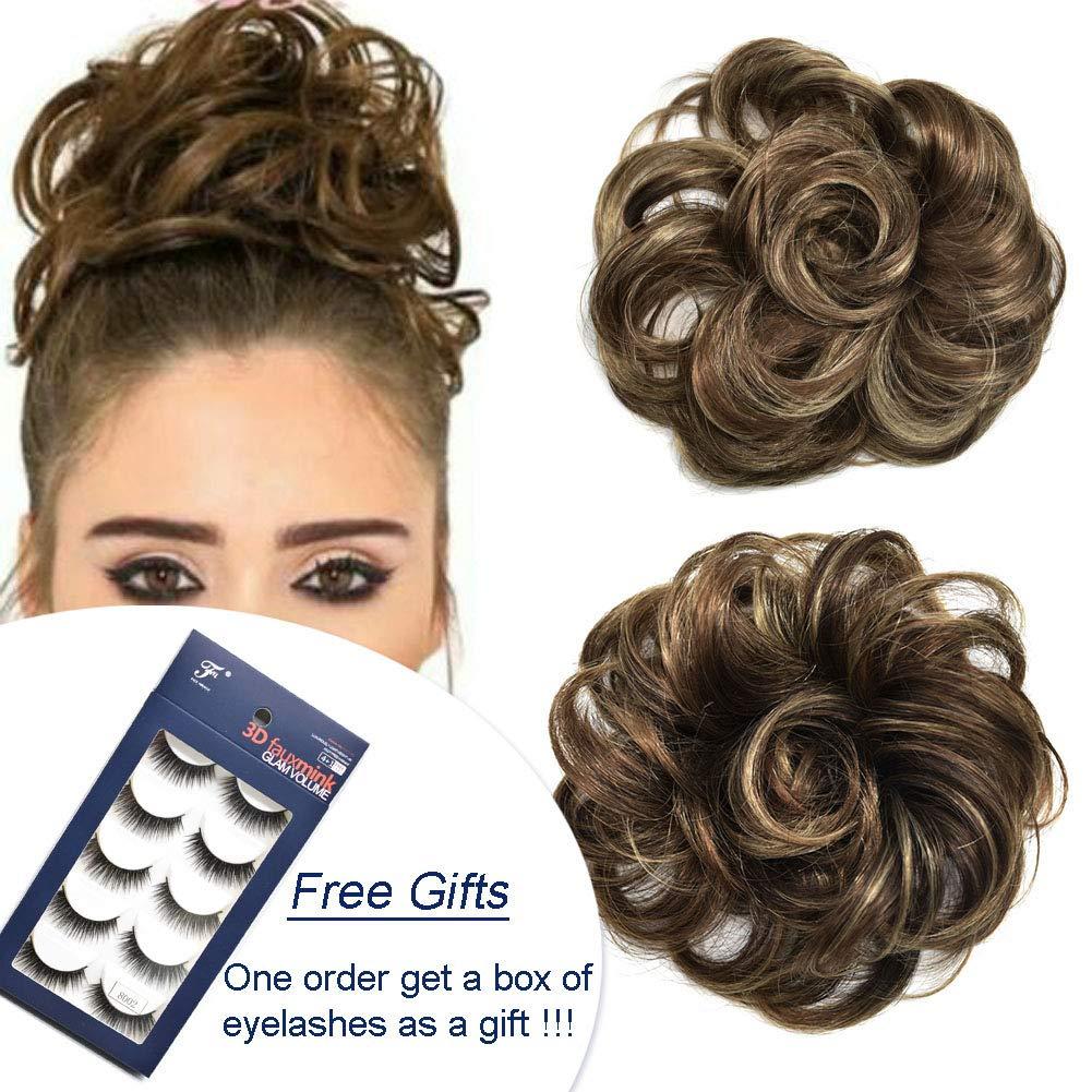 F M FACE MIRACLE NEW YORK FACE MIRACLE Curly Messy Rose Bun Hair Piece Updo Scrunchie Ponytail Natural As Human Hair (#4T12/26 Darkest Brown To Brown Auburn & Dark Ash Blonde)