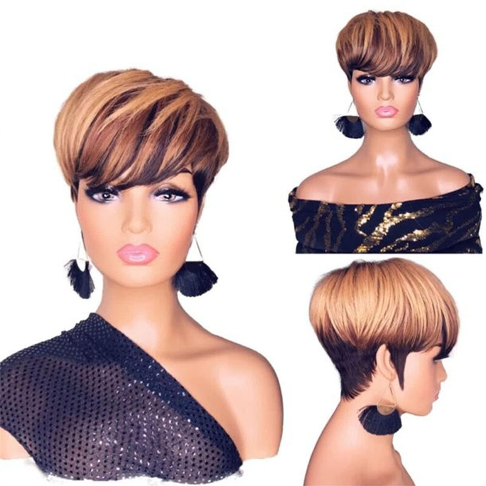 Generic Generic Wig Human Hair Short Human Hair Wigs for Black Women Layered Wavy Wigs Black with Brown (A2-Gold, One Size)