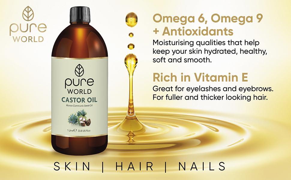 Pure World Pure World Castor Oil 1 Litre. Cold Pressed 100% Pure and Natural Hexane Free For Eyebrows, Nails, Beard, Hair, Eyelash Growth Cruelty-Free