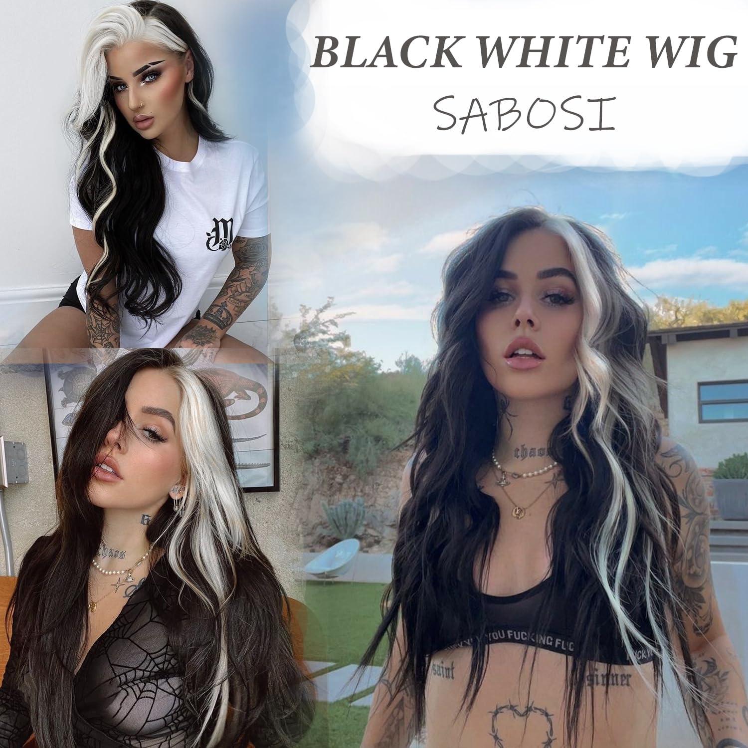 Sabosi Sabosi Long Wavy Black White Wigs for Women 26 Inch Middle Part Curly Wavy Wig Natural Looking Synthetic Heat Resistant Fiber Wig for Daily Party Use