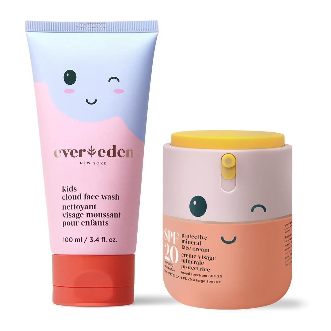 Evereden Kids Happy Morning DUO: Clean & Vegan Skin Care for Kids Bundle | Kids Skin Care Cloud Face Wash + SPF 20 Mineral Face Cream | Non-Toxic | Non-Comedogenic | Fun | Easy-to-Use Skincare for Kids