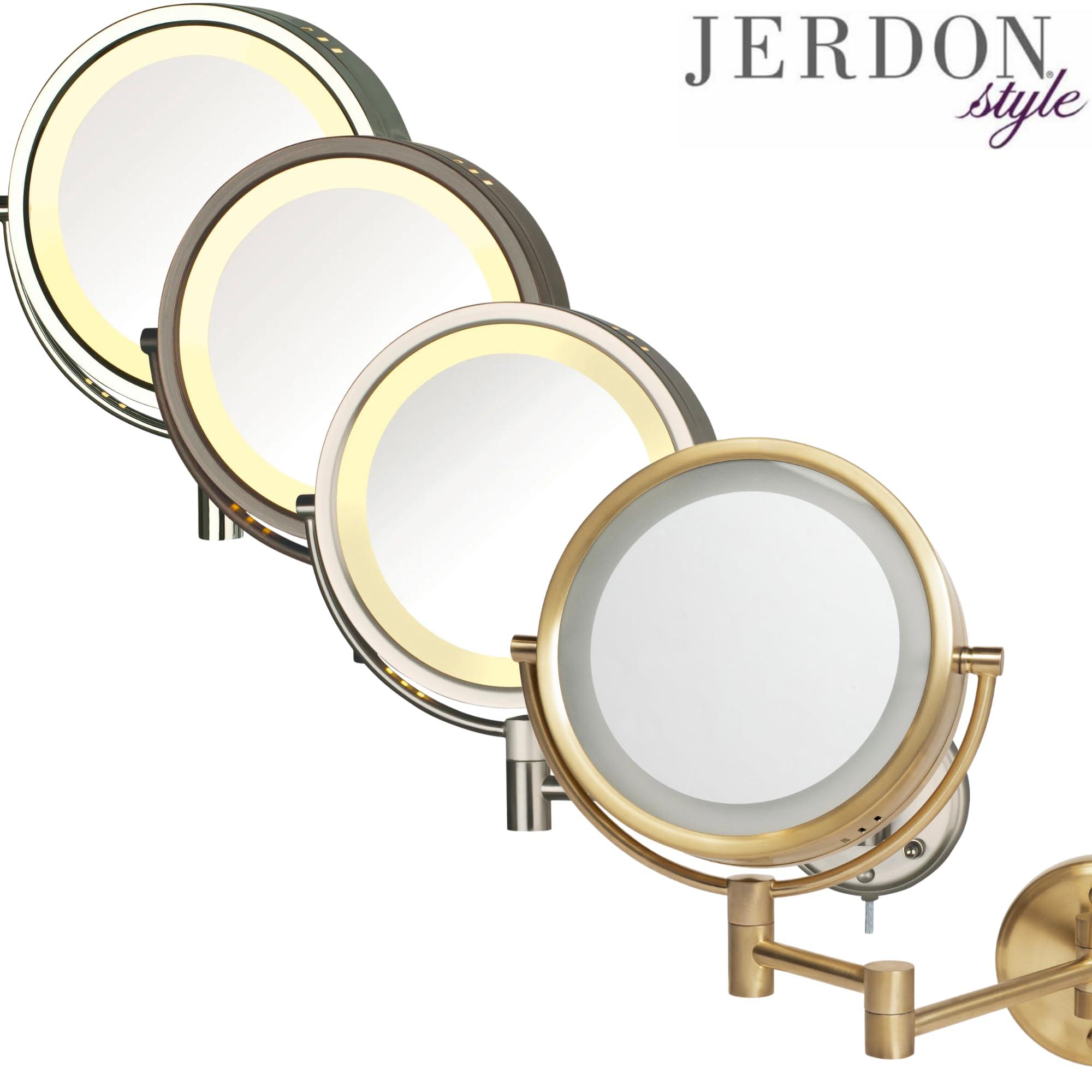 JERDON JERDON Wall-Mounted Makeup Mirror with Lights - Direct Wire Lighted Makeup Mirror with 8X Magnification - 8.5-inch Diameter Mirror with Gold Finish Wall Mount - Model HL75BGD