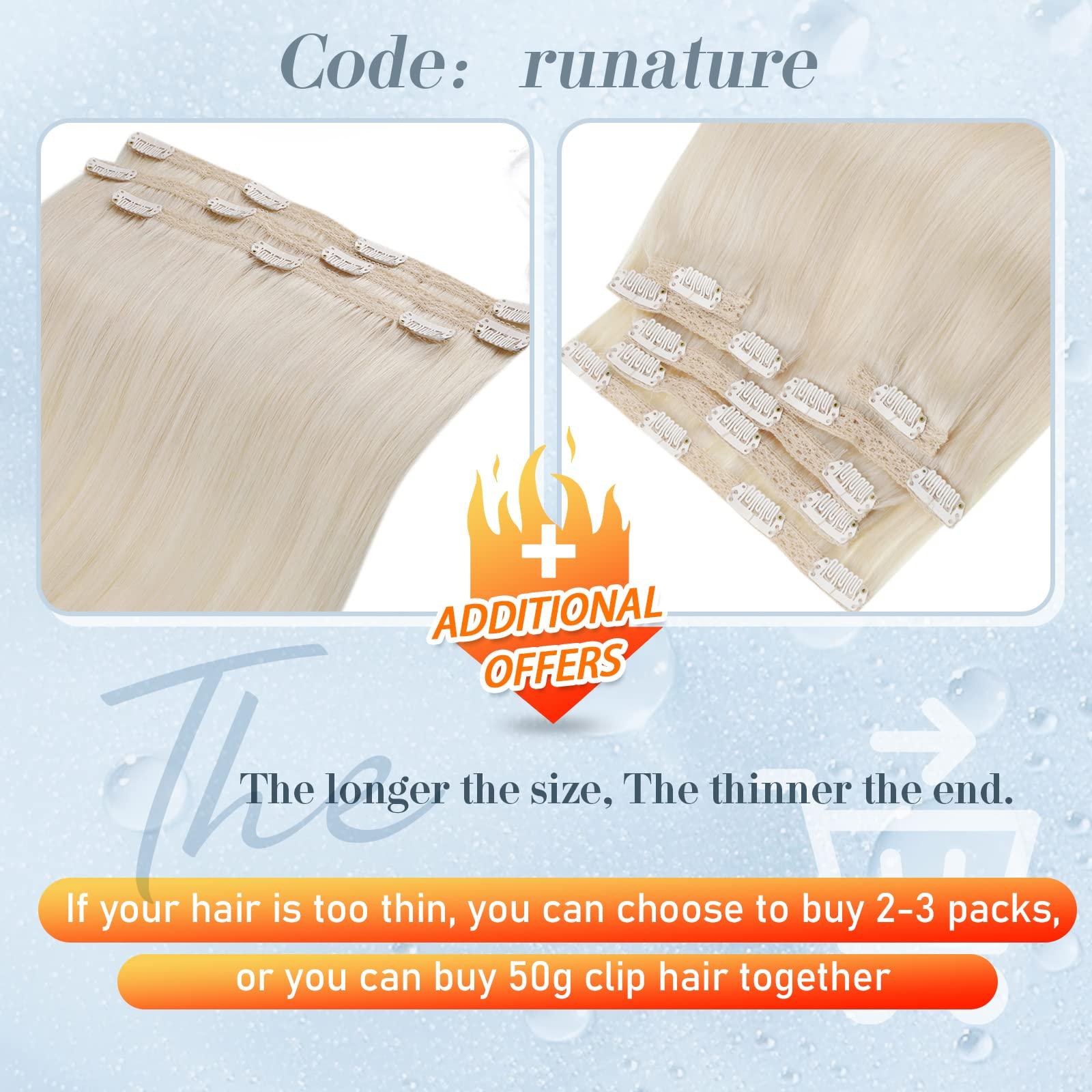 RUNATURE Blonde Hair Extensions Clip in Human Hair Highlighted Platinum Blonde Real Clip in Human Hair Extensions #18P60 and #60 14 Inch 105g