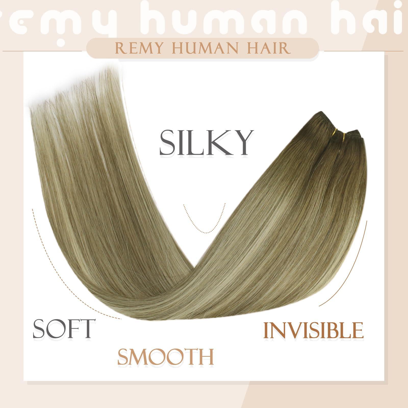 Sunny Hair Sunny Hair Beaded Weft Hair Extensions Human Hair 50G Micro Bead Hair Extensions Real Human Hair Vigorous Weft Hair Extensions with Micro Beads Cool Brown Balayage Light Brown to Blonde 16 inch