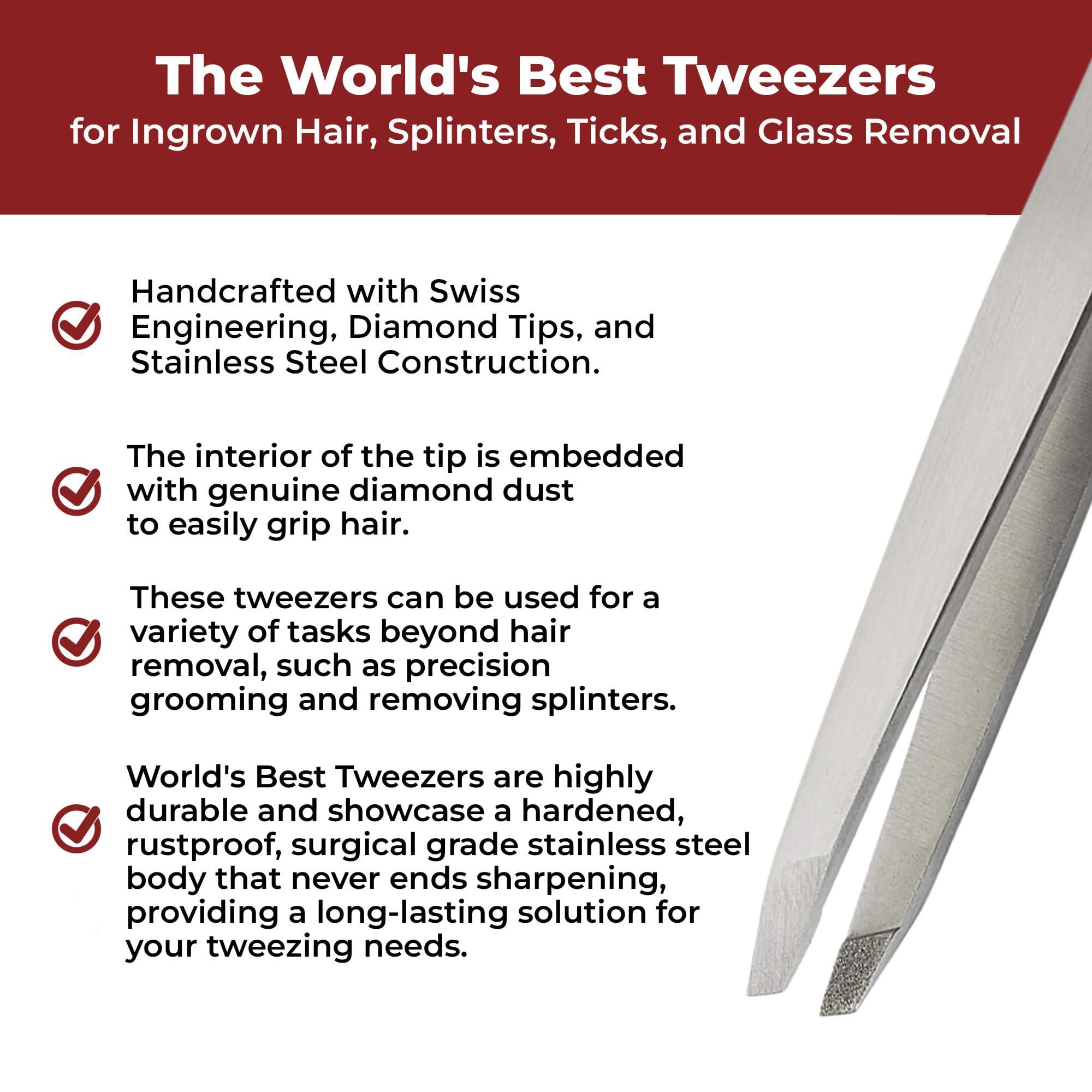 Regine Switzerland World\'s Best Tweezers Diamond Tip - Diamond Coated Slant Precision Tweezer for Eyebrow, Facial & Ingrown Hair Removal - Suitably Aligned Stainless Steel Tool Grabs Hair from the Root