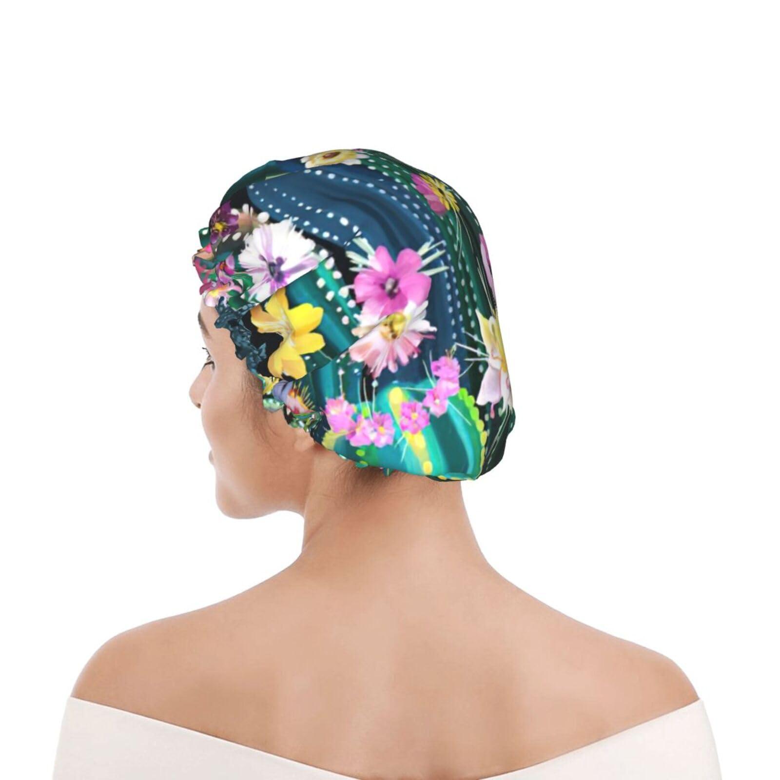 WURTON WURTON Blooming Cactus Print Soft Shower Cap for Women, Reusable Environmental Protection Hair Bath Caps