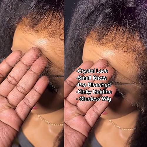 QUINLUX WIGS Curly Baby Hair Kinky Straight Wig 360 HD Invisible Lace Frontal Human Hair Wig Pre Plucked Bleached Knots Kinky Edges Yaki Transparent HD 360 Lace Front Wig Brazilian Full End Glueless Wig 26 inch