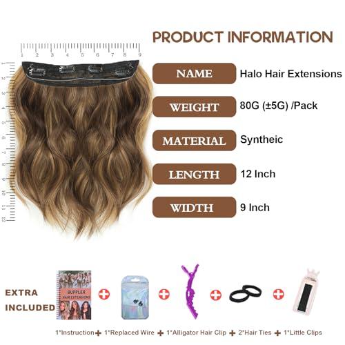 BUPPLER BUPPLER Halo Hair Extensions 12 Inch Invisible Wire Hair Extensions Adjustable Long Wavy Hair Extensions Synthetic Upgrade 4 Secure Clips in Hairpieces 12 Inch, Medium Brown Mixed Golden Brown
