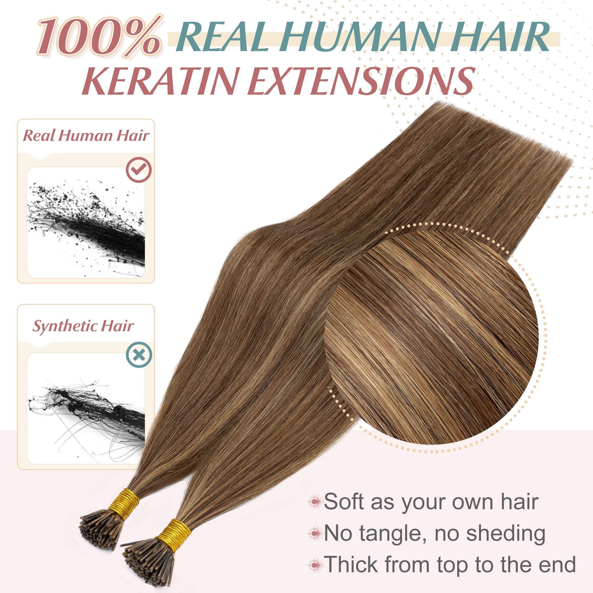 SEGO SEGO I Tip Fusion Hair Extensions Real Human Hair Keratin Pre Bonded MicroBeads Tip Hair Balayage Natural Silky Straight Extensions 100 Strands 50g/Pack -22 Inch Medium Brown&Dark Blonde
