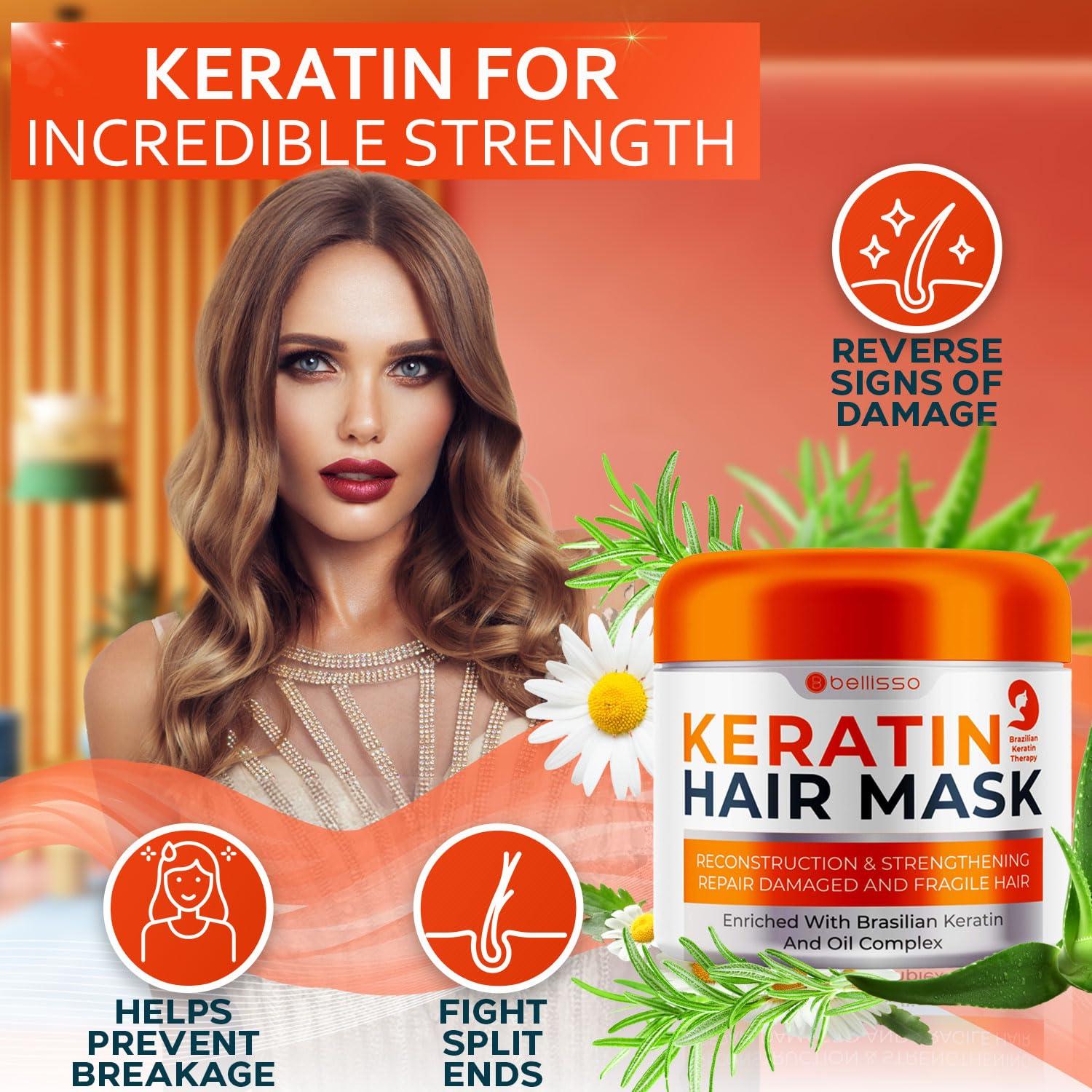 BELLISSO Keratin Hair Mask - Sulfate Free Hydrating Deep Conditioner Treatment for Dry, Damaged and Split Ends - Moisture for Frizzy and Curly Hair - For Women and Men - Moisturizer Care to Repair Damage