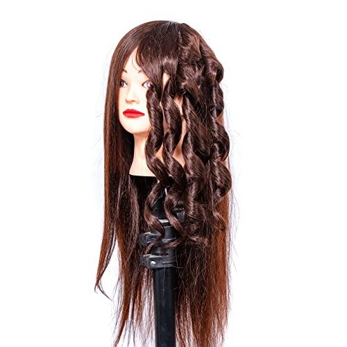 Pykisfp Mannequin Head with 60% Real Hair, Hairdresser Practice Training Head Cosmetology Manikin Doll Head with 9 Tools and Desktop Stand, Air Cushion Comb,Makeup On (Brown)