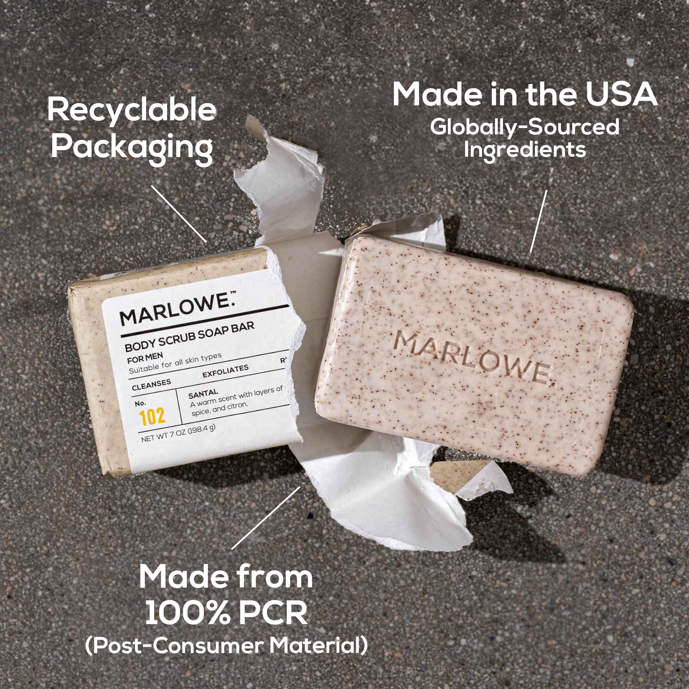 MARLOWE. M BLEND MARLOWE. No. 102 Men\'s Body Scrub Soap 7 oz (3 Bars) Warm Santal Scent, Best Exfoliating Bar for Men, Made with Natural Ingredients, Apricot Seed Powder, Shea Butter, Olive Oil, Green Tea Extracts