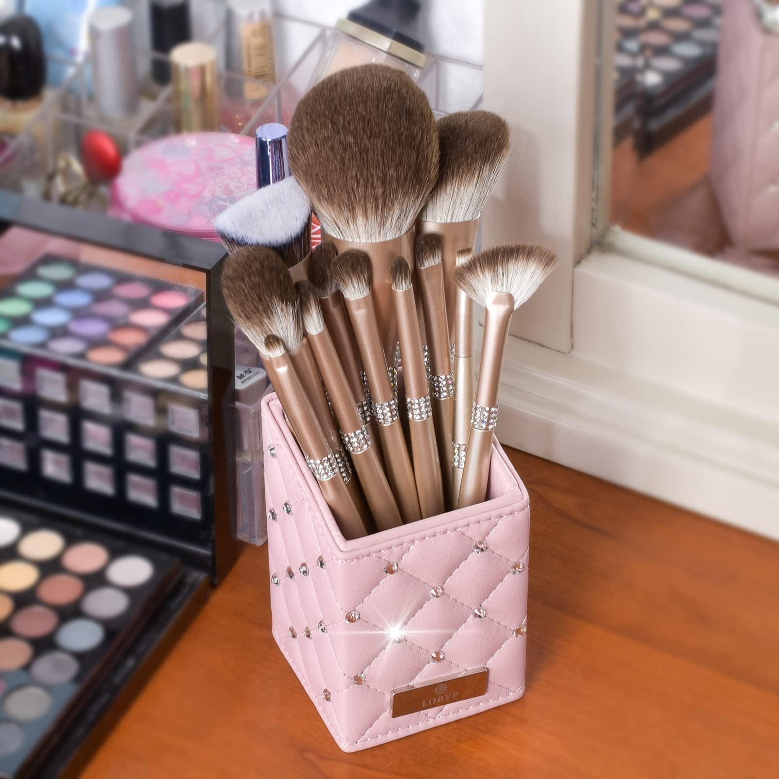 LORYP LORYP Black Makeup Brushes 2Pcs Duo End Foundation Powder Brush Set with Makeup Brush Holder Crystal