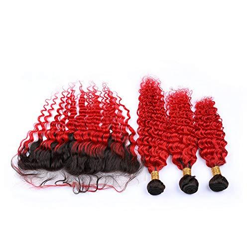 Tony beauty hair Tony Beauty Hair Black to Red Ombre Brazilian Virgin Human Hair Weaves Deep Wave with Frontal 3Bundles 1B/Red Ombre Deep Wavy Hair Wefts with 13x4 Lace Frontal Closure 4Pcs Lot (18 20 22+18)