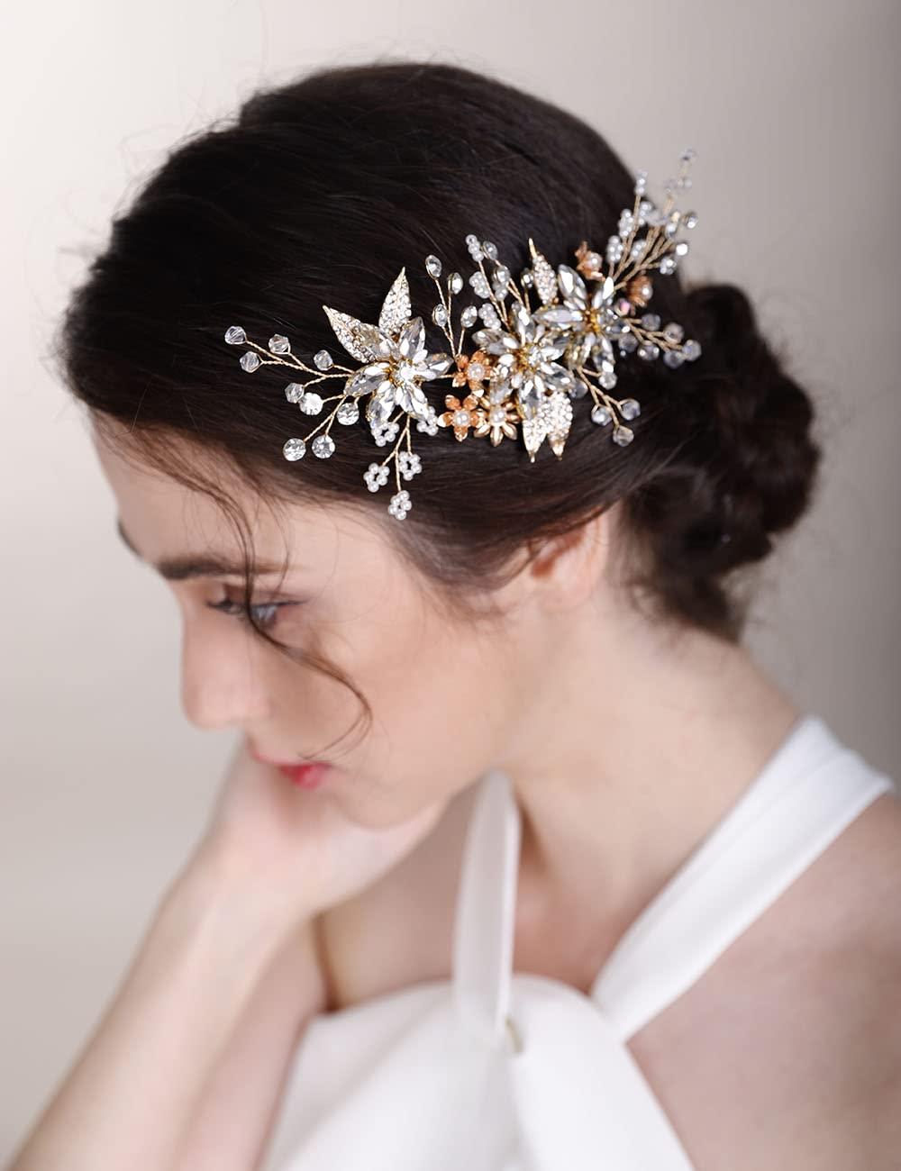 Chargances Chargances Wedding Crystal Flower Hair Comb for Women Bridal Pearl Beaded Hair Side Comb Fashion Leaf Flower Hair Vine Comb Rhinesotne Headpieces Bride Wedding Prom Flower Girl Hair Accessories