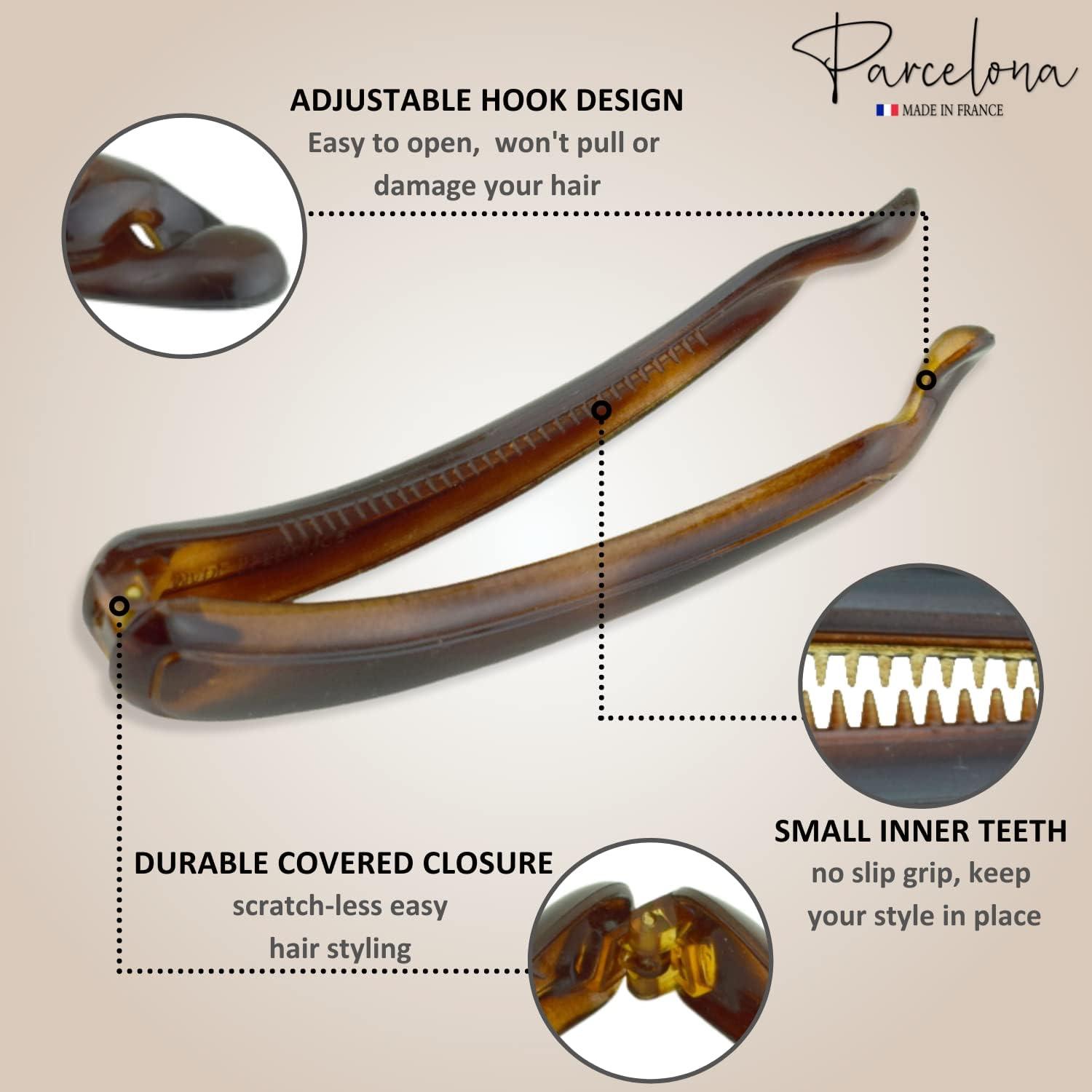 Parcelona Parcelona French Plain Curve 4 1/4 Tortoise Shell Brown Celluloid French Banana Hair Clip Flexible Ponytail Holder Fashion Durable Styling Paris Hair Accessories for Women, Made in France
