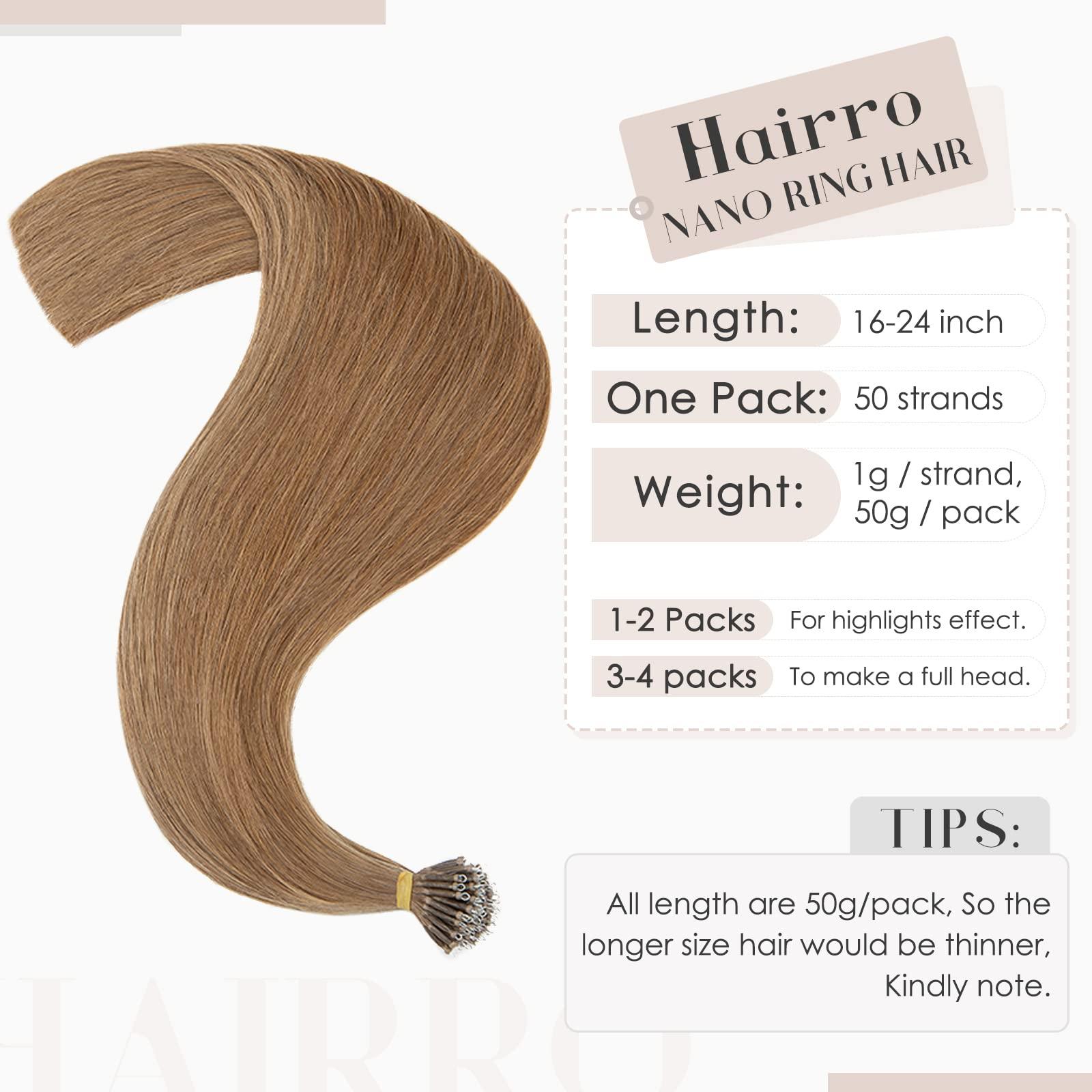 Hairro Hairro Nano Bead Hair Extensions Microlink Nano Ring Itip Hair Extensions Nano Beaded Hair Pre Bonded Cold Fushion Keratin Remy Hairpieces For Women 16inch 50g/PACK 50 Strands #06 Light Brown