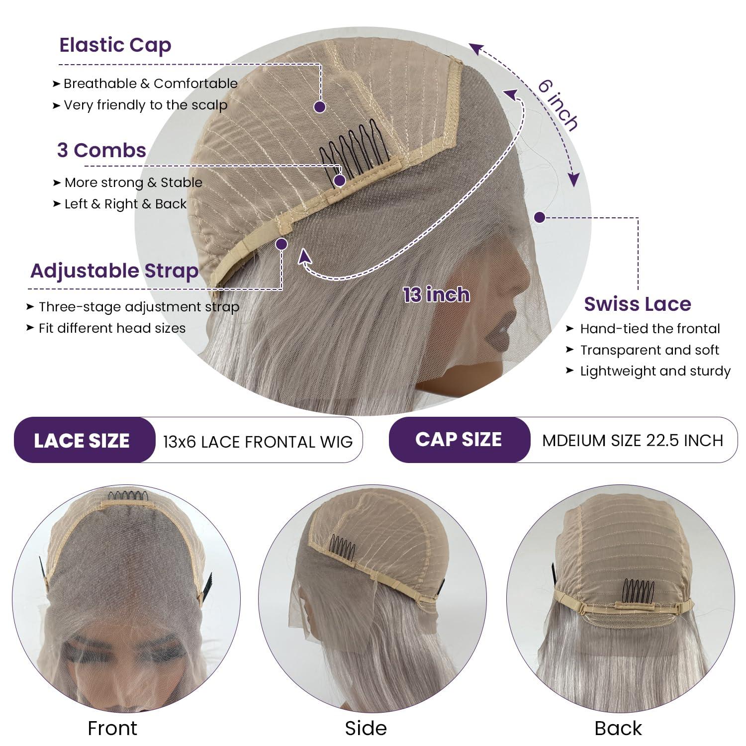 Ubetta Silver Grey Lace Front Wigs Human Hair, 20 Inch 13x6 Grey Wig Human Hair Pre Plucked Glueless HD Lace Front Grey Wigs for Black Women 180% Density Straight Human Hair Lace Front Wigs Colored Grey