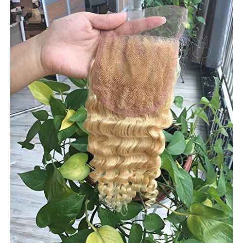 Ruma Hair Ruma Hair Blonde Deep Wave Peruvian Virgin Hair 3 Bundles With Closure Bleached Knots 4Pcs Lot Pure Color #613 Bleached Blonde Deep Curly Human Hair Weave With 4x4 Lace Closure (22 with 22 24 26)