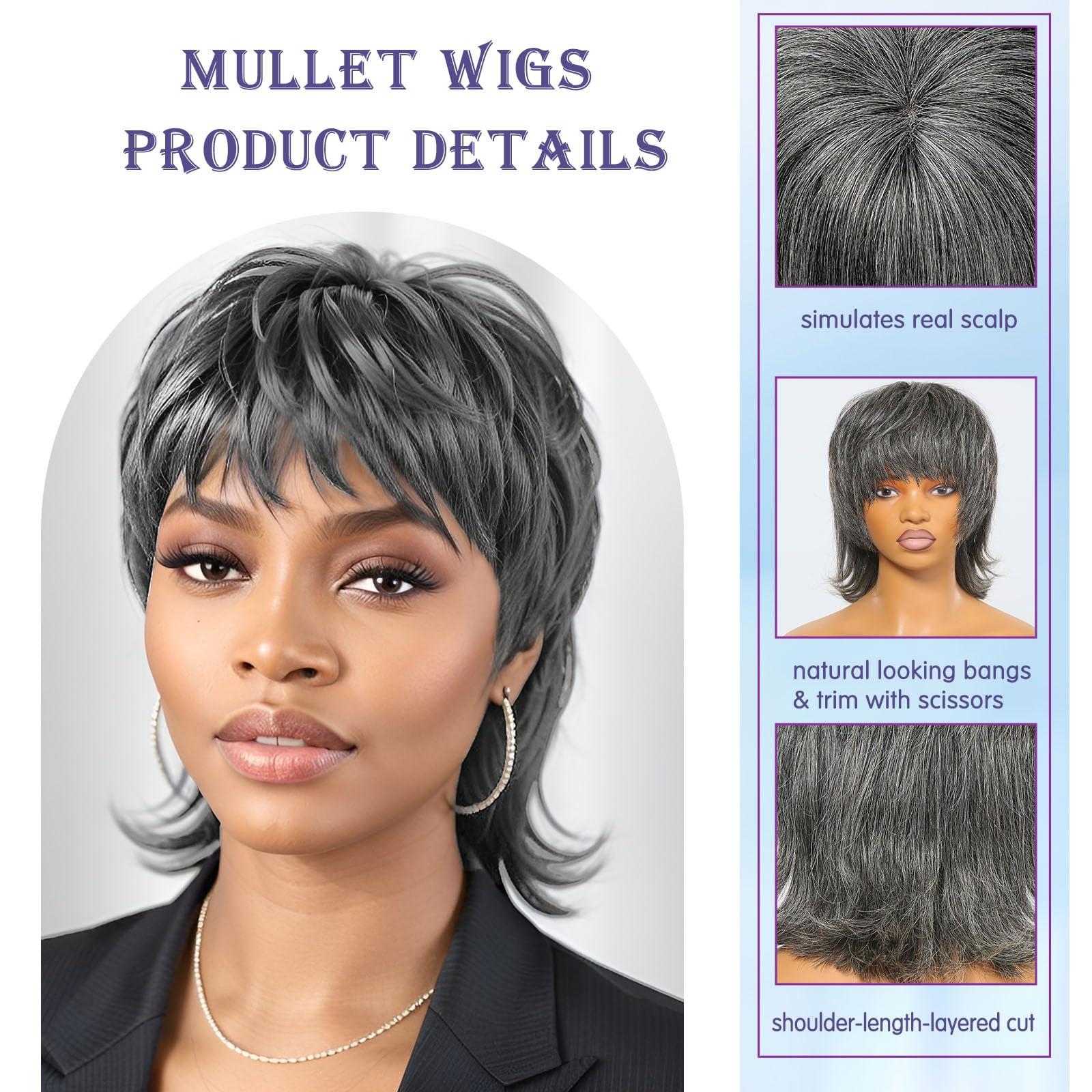 HANASCC HANASCC 12\" Salt and Pepper Wigs for Women 70s 80s 90s Shaggy Layered Mullet Human Hair Wig with Bangs Glueless Grey Human Hair Wig for Women Curly Short Pixie Cut Wig Full Machine Gray Human Hair Wig