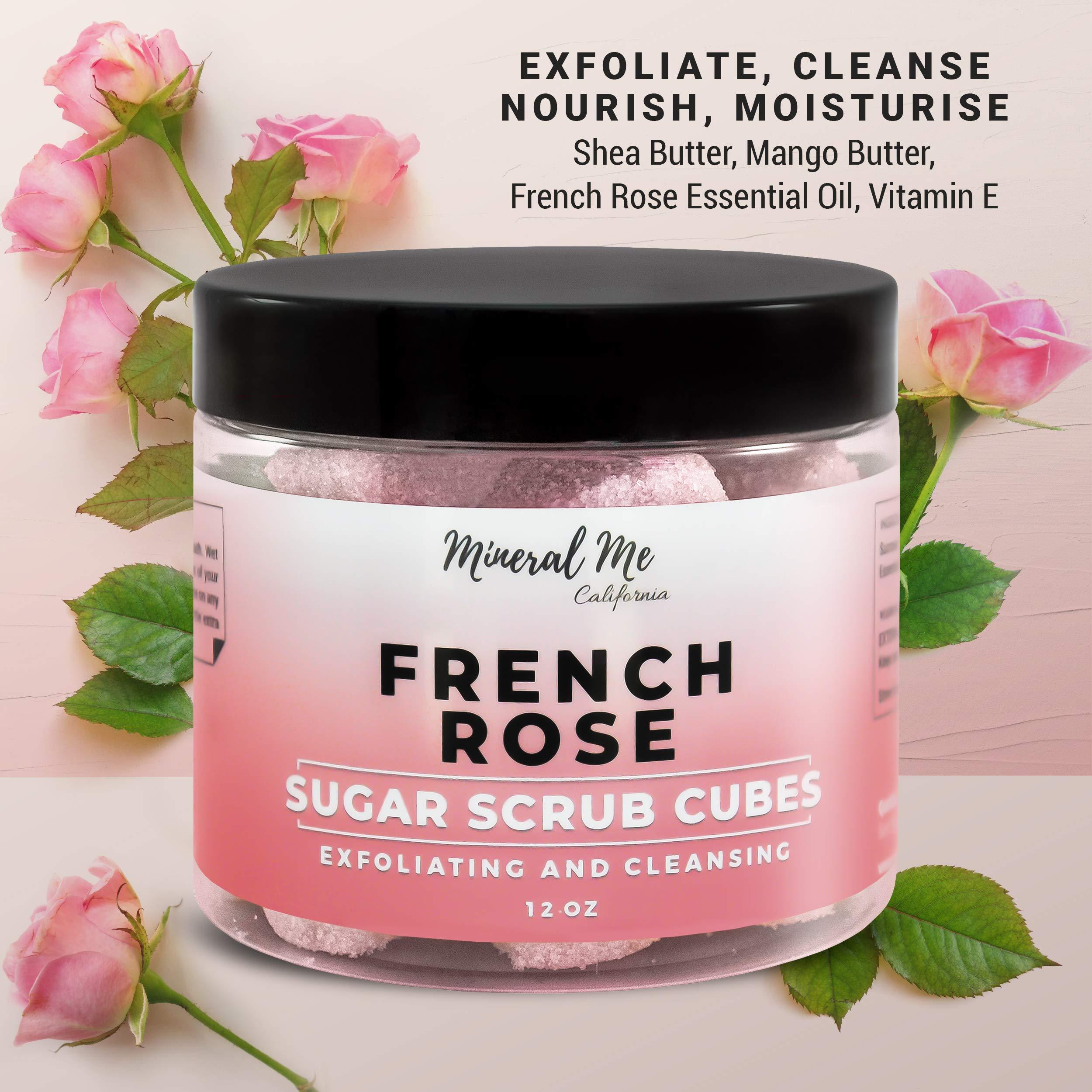 Mineral Me California Body Scrub Exfoliator - 12oz FRENCH ROSE Sugar scrub cubes w/Mango Butter & Shea butter- Ultra Hydrating & Moisturizing - Natural & Organic for all body exfoliation- For hands, arms, legs & foot