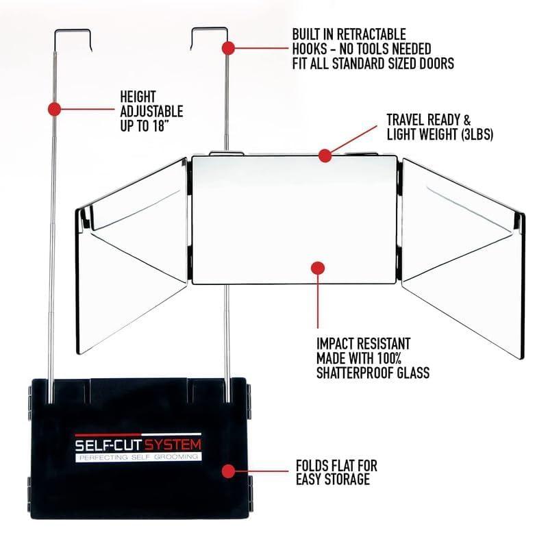 Self-Cut System Self-Cut System - 3 Way Mirror with Lights - Three Way Mirror for Self Hair Cutting - Over The Door Mirror - Trifold Mirror - 360 Mirror - Barber Mirror - Self Haircut Mirror (Travel 3.0 LED)