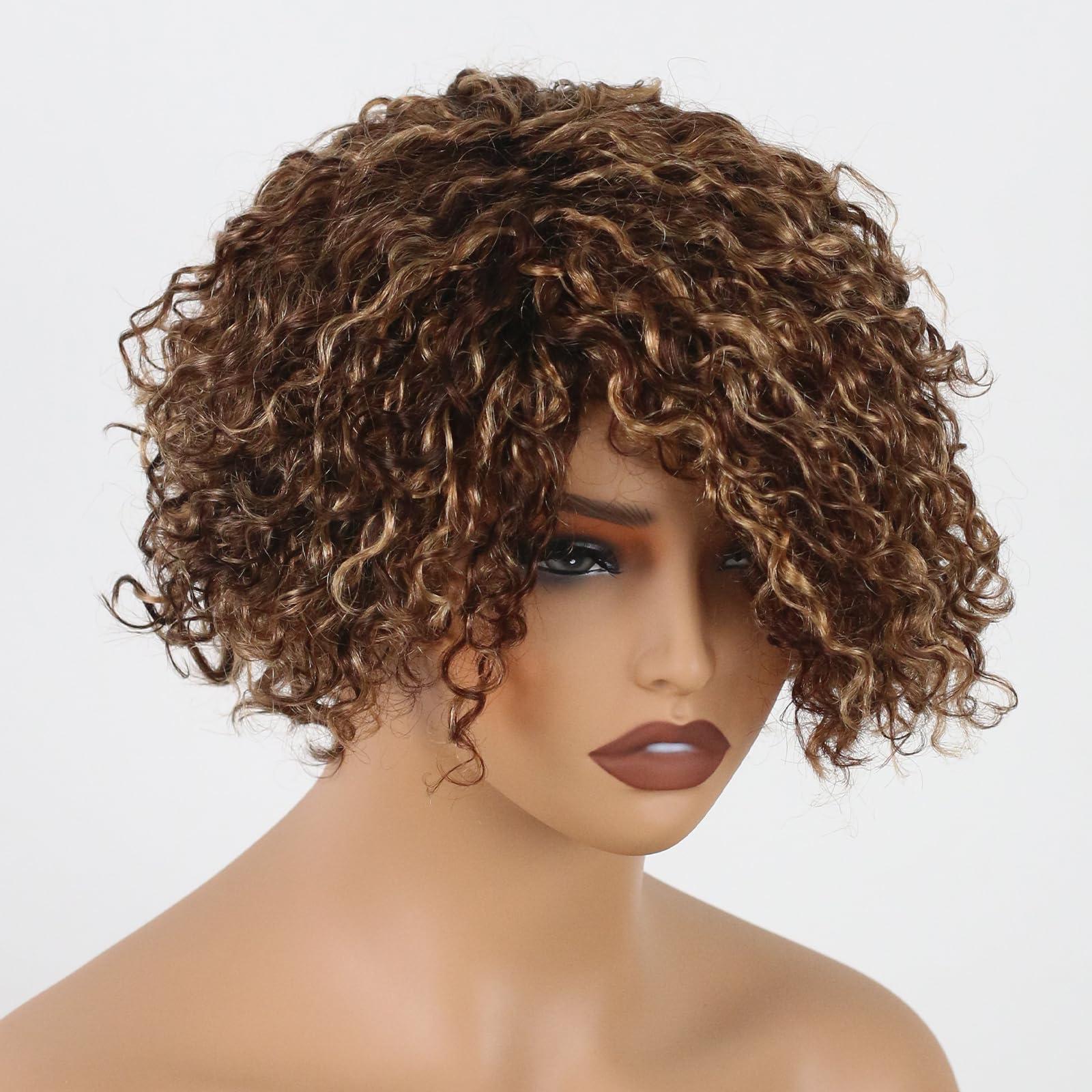 ManeMajesty ManeMajesty 8 Inch Ombre Curly Human Hair Wigs for Black Women Short Kinky Curly Afro Glueless Wig Highlight Brown Mixed Honey Blonde Side Part Jerry Curl Wig -100% Brazilian Human Hair P4/27