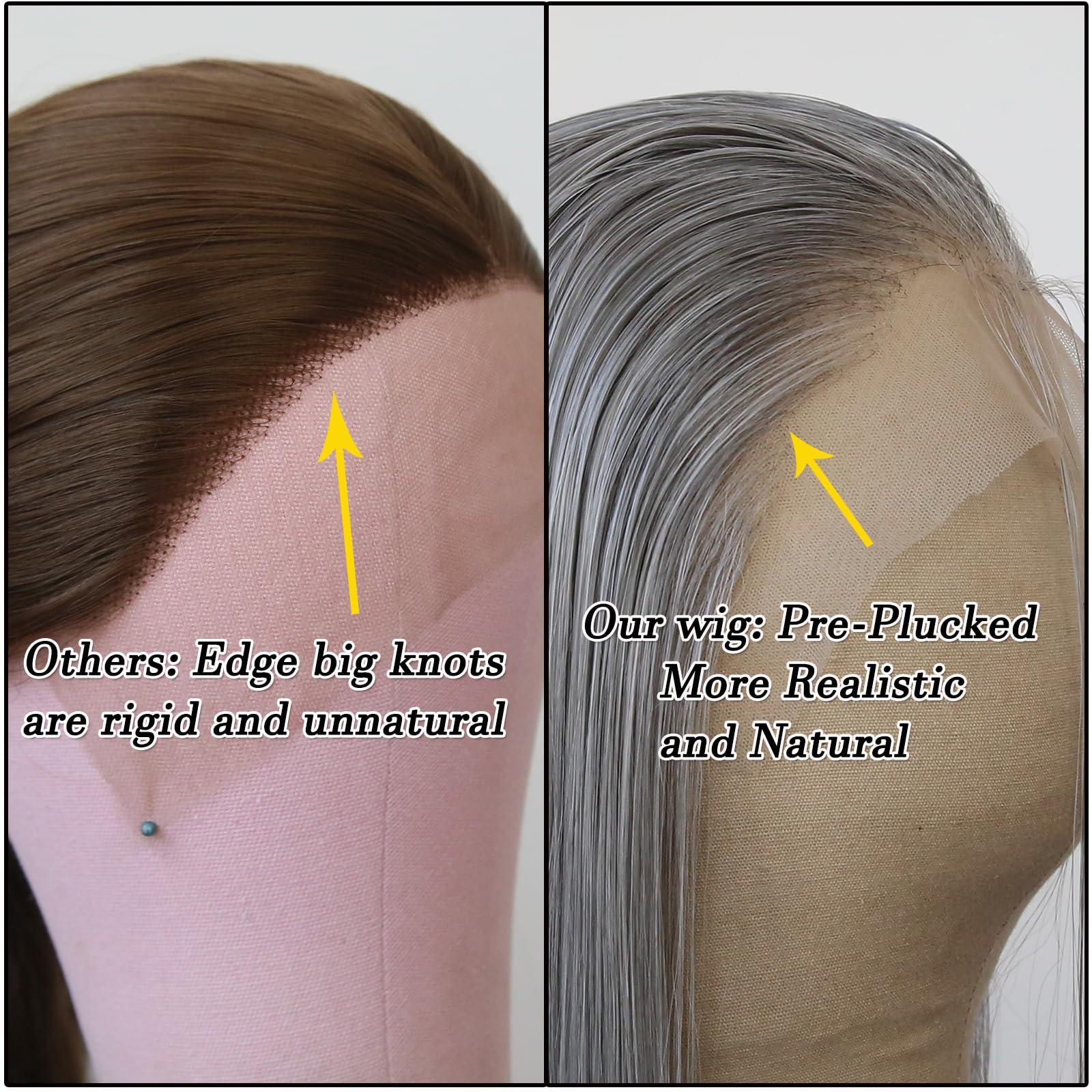 BTWTRY BTWTRY Gray Wig Long Straight Grandma Grey Synthetic Lace Front Wigs Pre Plucked Natural Hairline for Black Women Heat Resistant Fiber Hair Cosplay Daily Wear Wig (Grandma Grey)