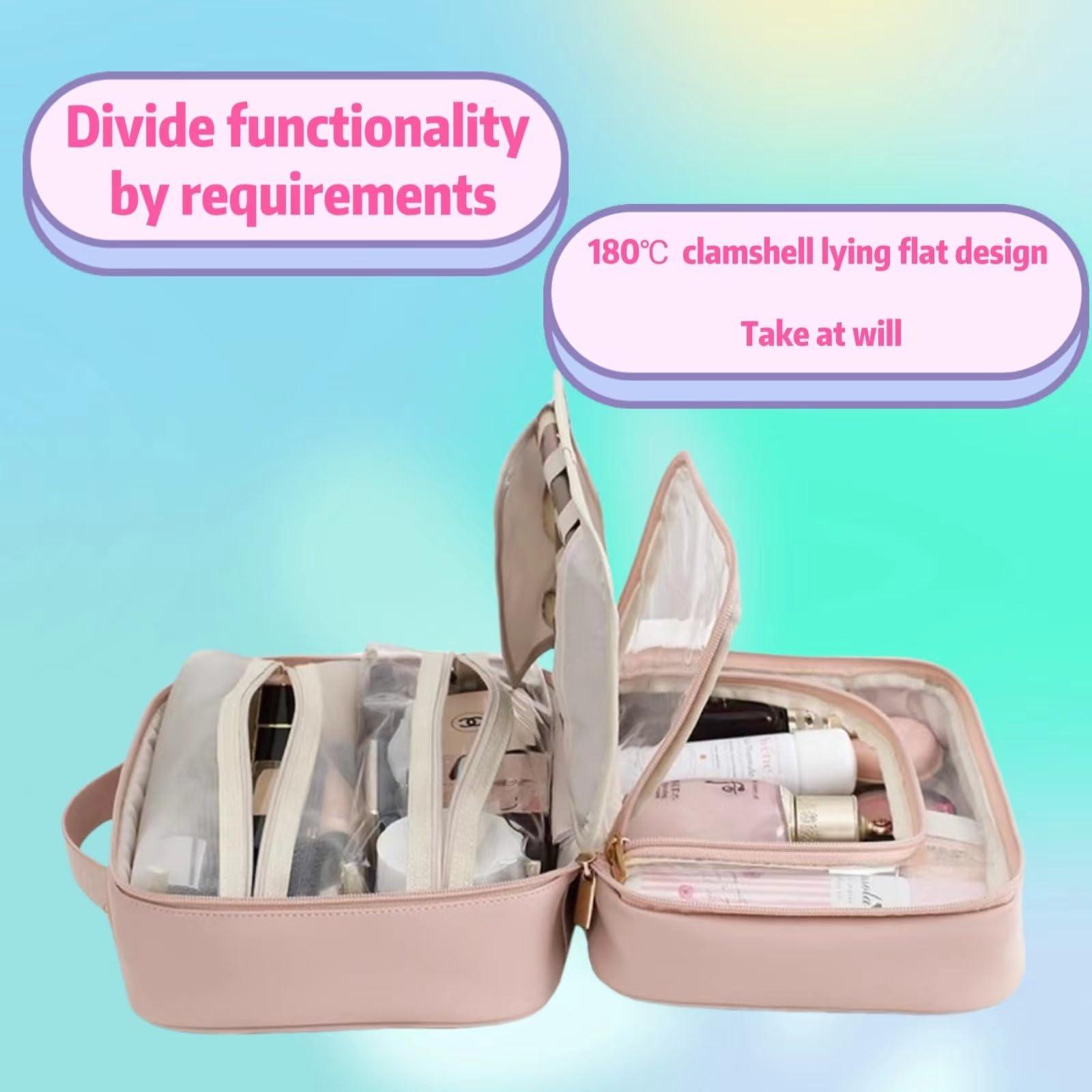 Generic Travel Makeup Bag, Multi Compartment Toiletry Cosmetic Bag, Set Patient Makeup Bag,Travel Cosmetic Bag for Women Large Capacity Portable Cute Cosmetic Organizer with Removable Clear Compartment(Beige)