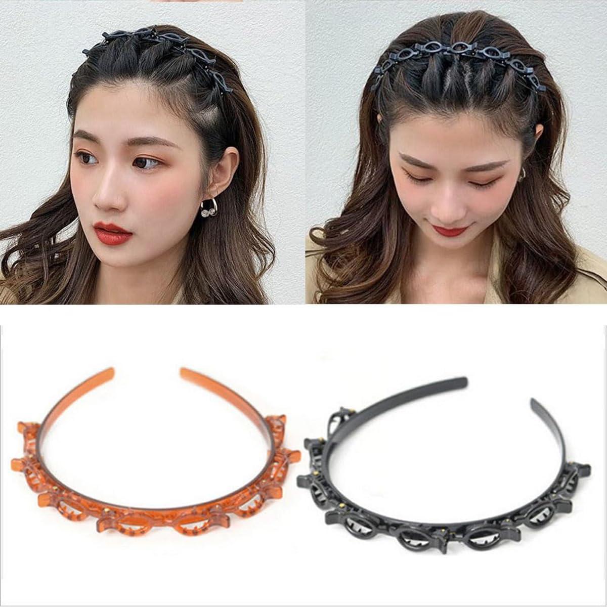 Evarisy Bangs Hairstyle Hairpin Headband, Headband with Clips Attached, Double Layer Band Twist Plait Headband Hairpin Hair Claw Clips, Women Fashion Hair Accessories (2PCS-2)