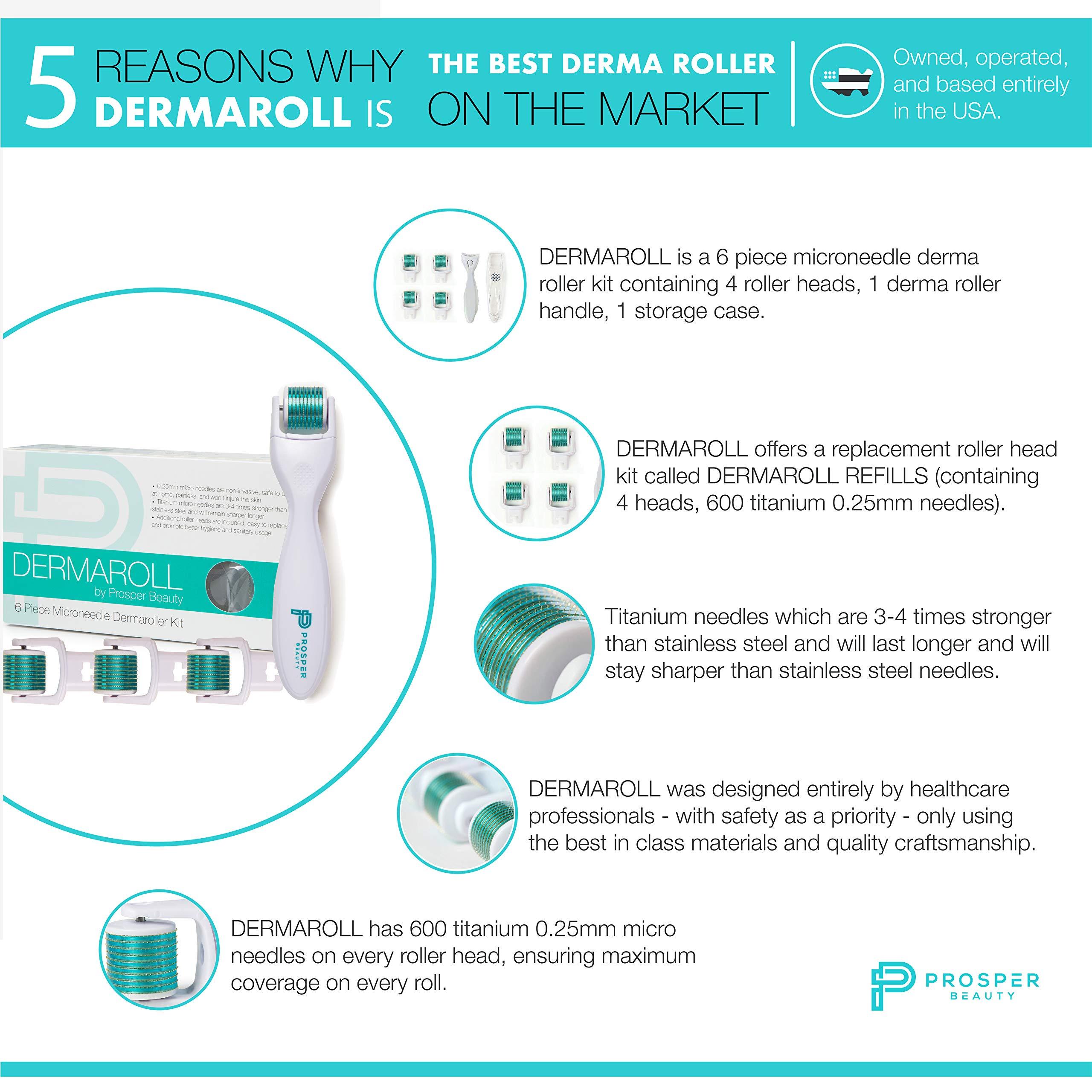 Prosper Beauty Derma Roller Microneedle 6 Piece Kit [DERMAROLL by Prosper Beauty] Face Roller with 4 Replaceable Heads Exfoliation Microdermabrasion Micro Derma Skin Care Tool Dermaplaning Microneedling