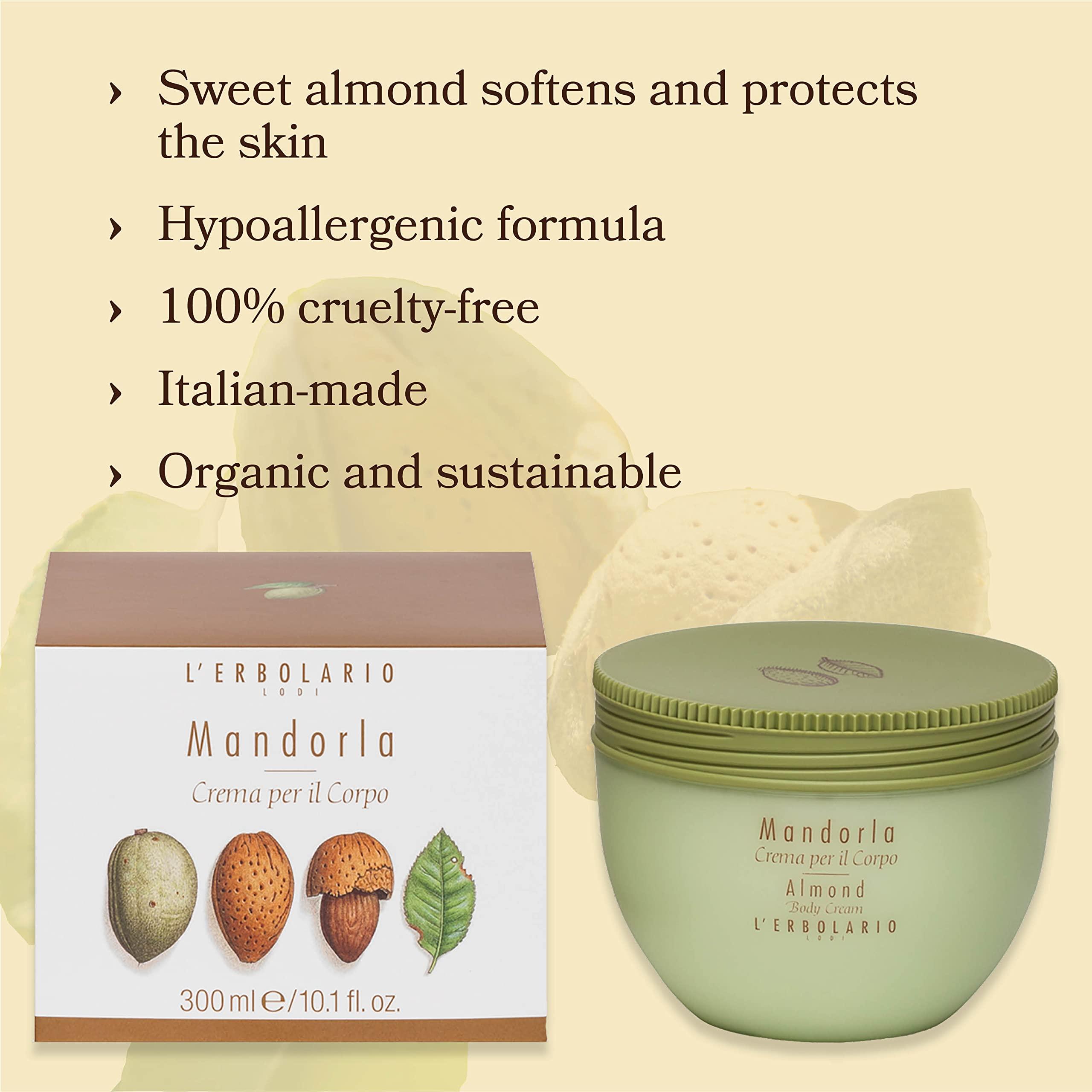 L'Erbolario L'Erbolario Almond Body Cream - Hydrating Body Cream with Almond, Shea Butter, and Cocoa Butter - Nourishing Skin Care - Cocoa Almond Scent - 10.1 oz