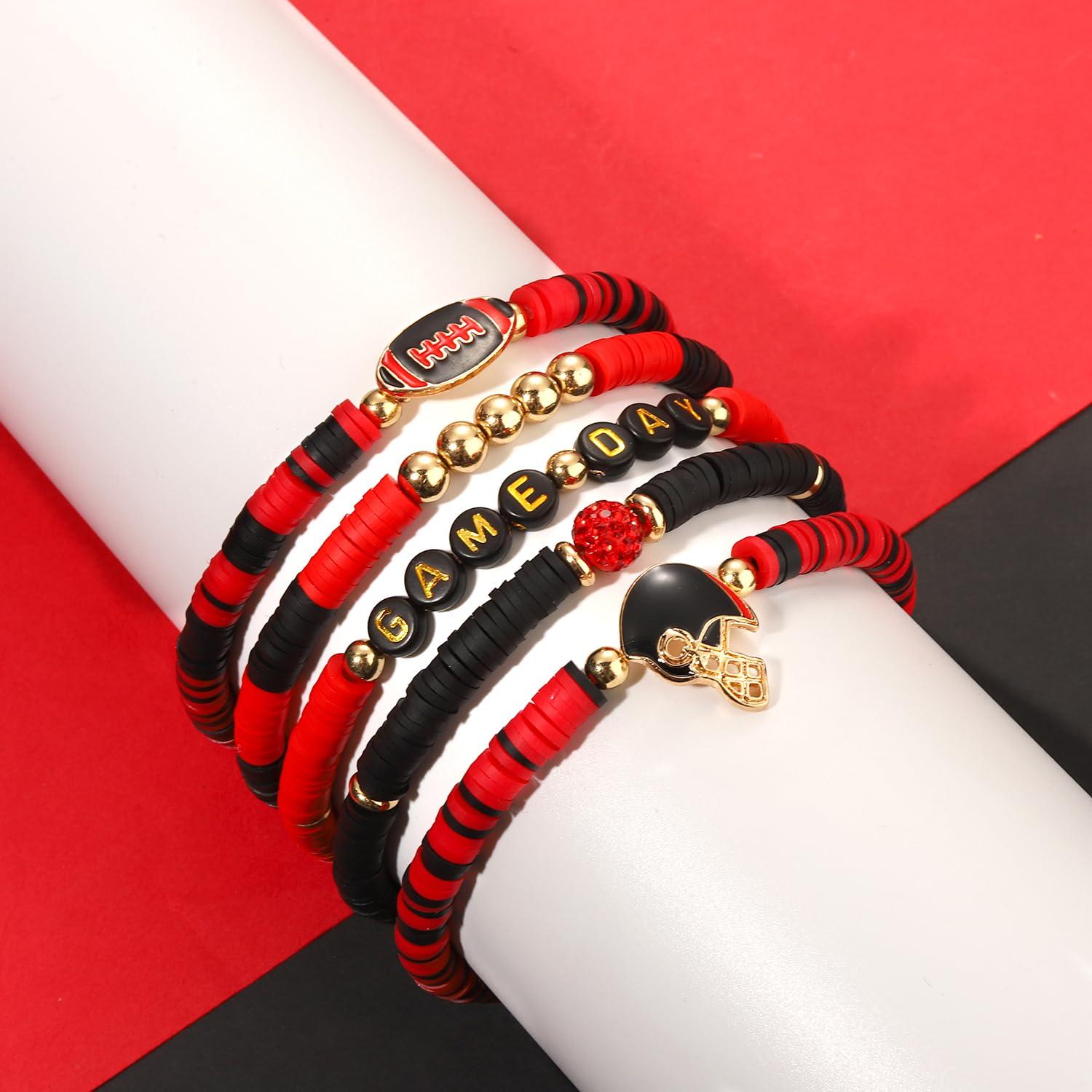 CEALXHENY CEALXHENY Game Day Headbands for Women Red Spirit Day Accessories Jeweled Football Headband Heishi Bracelets Game Day Tassel Earrings Football Mom Game Day Accessories Outfits Gifts (Game Day F)