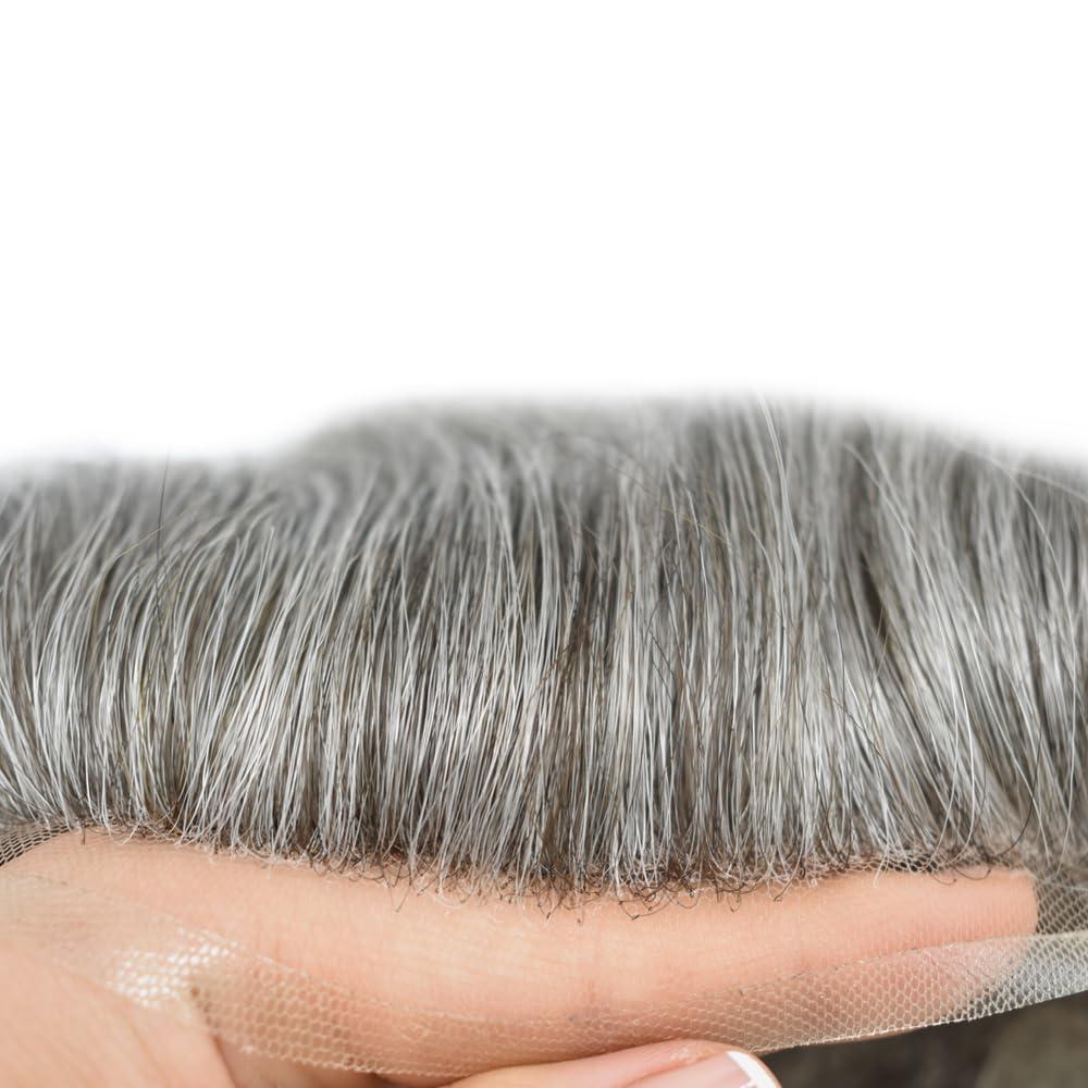Generic Toupee For Men Swiss Lace Hair System Men Hair Pieces Real Human Hair Units Lace Front Mens ToupeeHair Replacement Natural HairlineMen Hair Systems8\"X10\"-100%Density2# Darkest Brown+70% Sythetic Grey