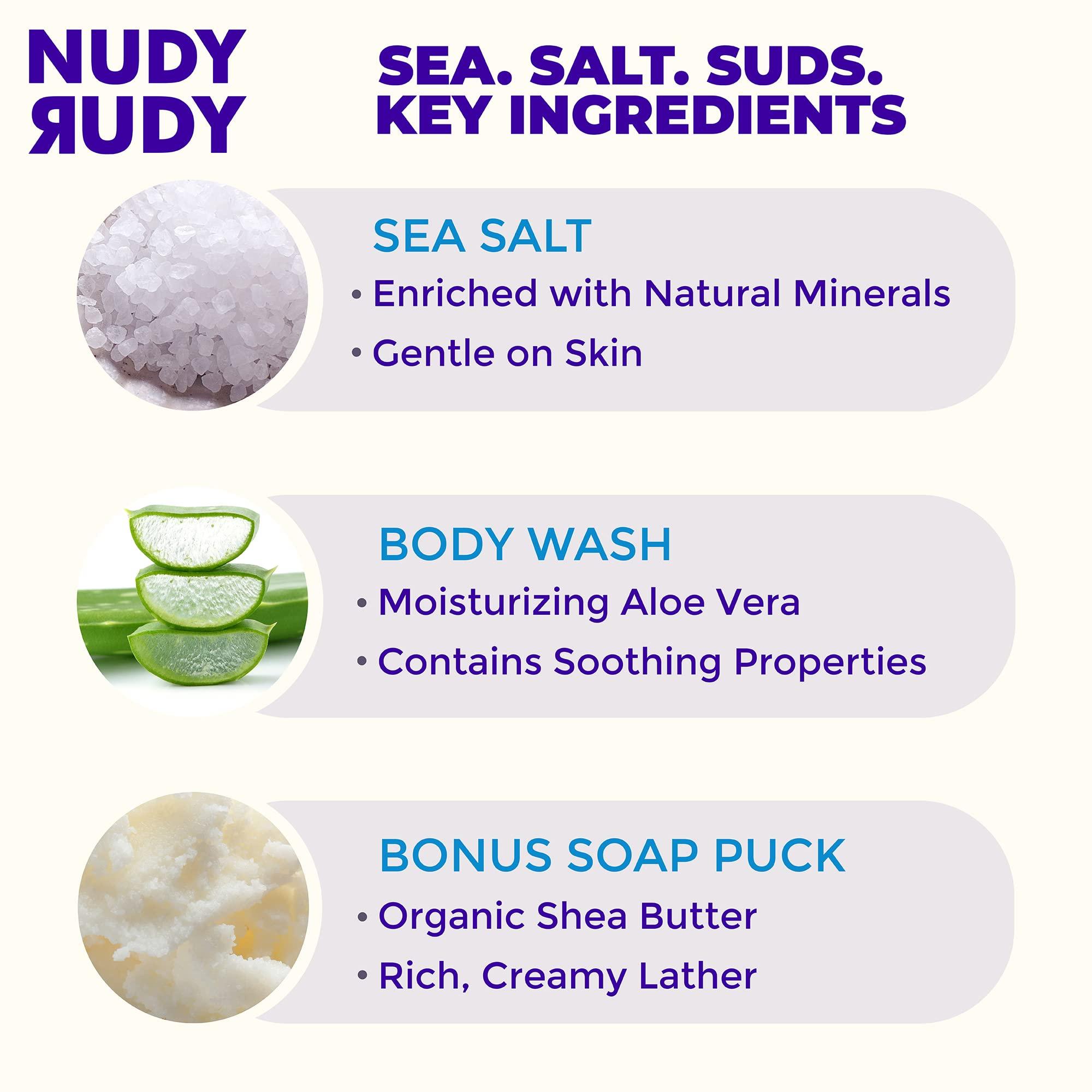 Nudy Rudy Nudy Rudy Sea Salt Suds 2 Pack, Liquid Body Wash Bundle with Bonus Soap Bar, Aloe Vera and Vitamin E, Moisturizing Shower Gel and Hand Soap for Men and Women 16.9 fl oz and 4.2 oz