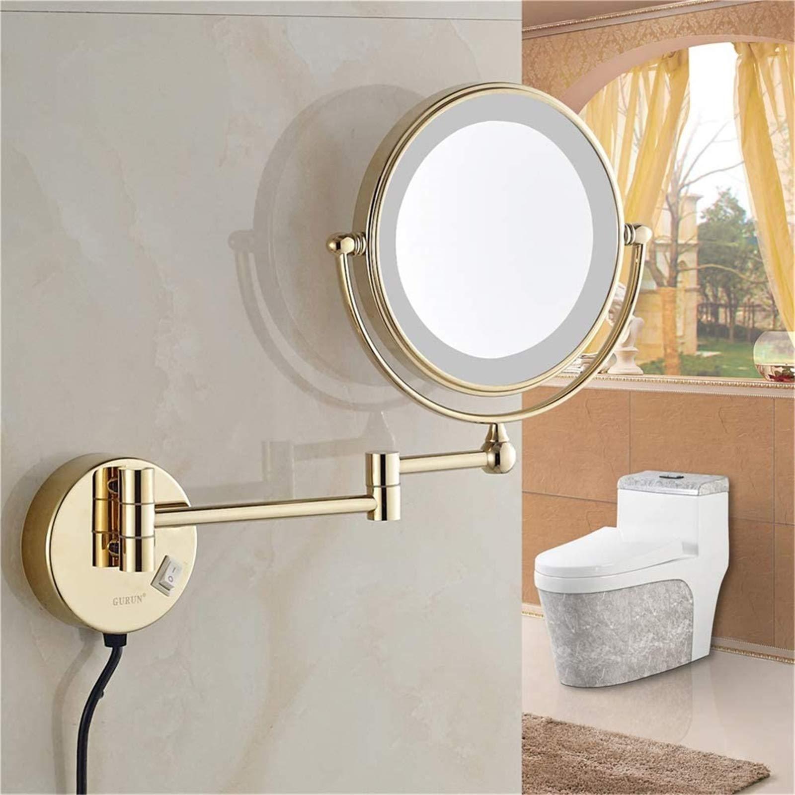 DMNSDD 8 Inch Gold Makeup Mirror, Double Sided Magnification Mirror with LED Light, Bathroom Extendable Wall-Mounted Vanity Shaving Mirror with Switch Plug,10x