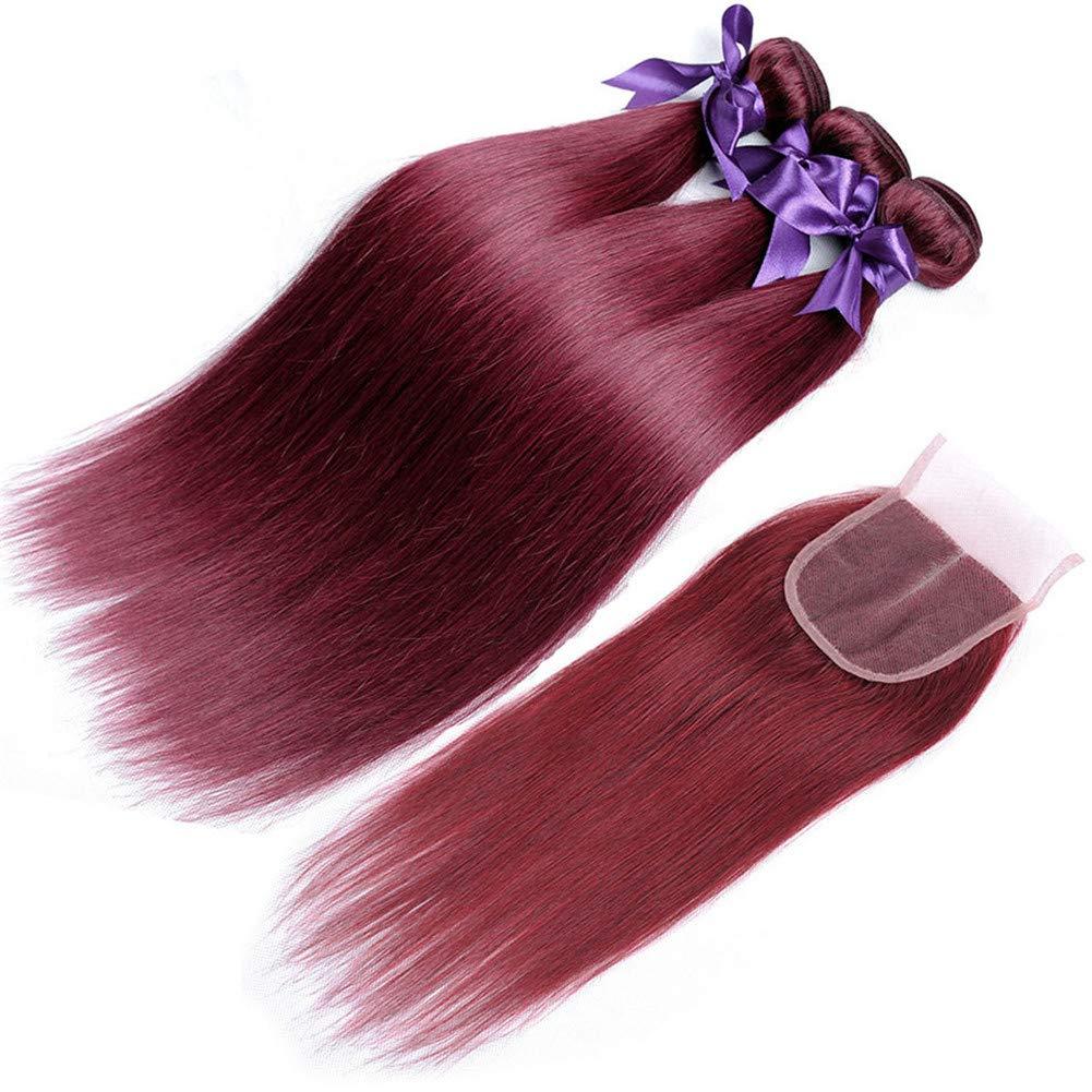 USHUIUS 99J Burgundy Hair Bundles With Closure Human Hair, Wine Red Straight Human Hair Bundles With 4x4 Lace Closure Brazilian Weave Hair Extensions 3 Bundles with Closure (14 16 18+12)