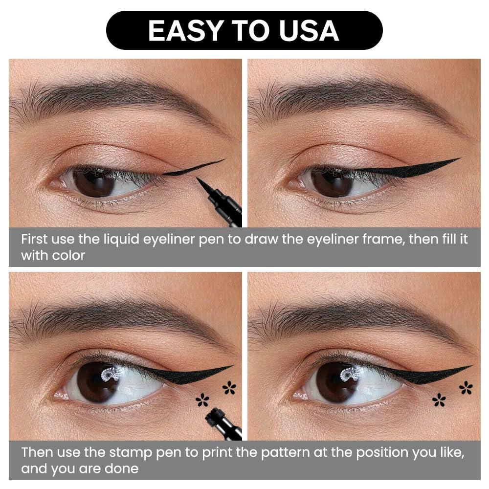 BINGBRUSH BINGBRUSH Double-head Liquid Stamp Eyeliner Pencil, Colors Flowers Heart Moon Star Shapes Face Stamps Makeup Colorful Waterproof Slim Gel Felt Tip High Pigment Liquid Eyeliner (03#Flower&Black)